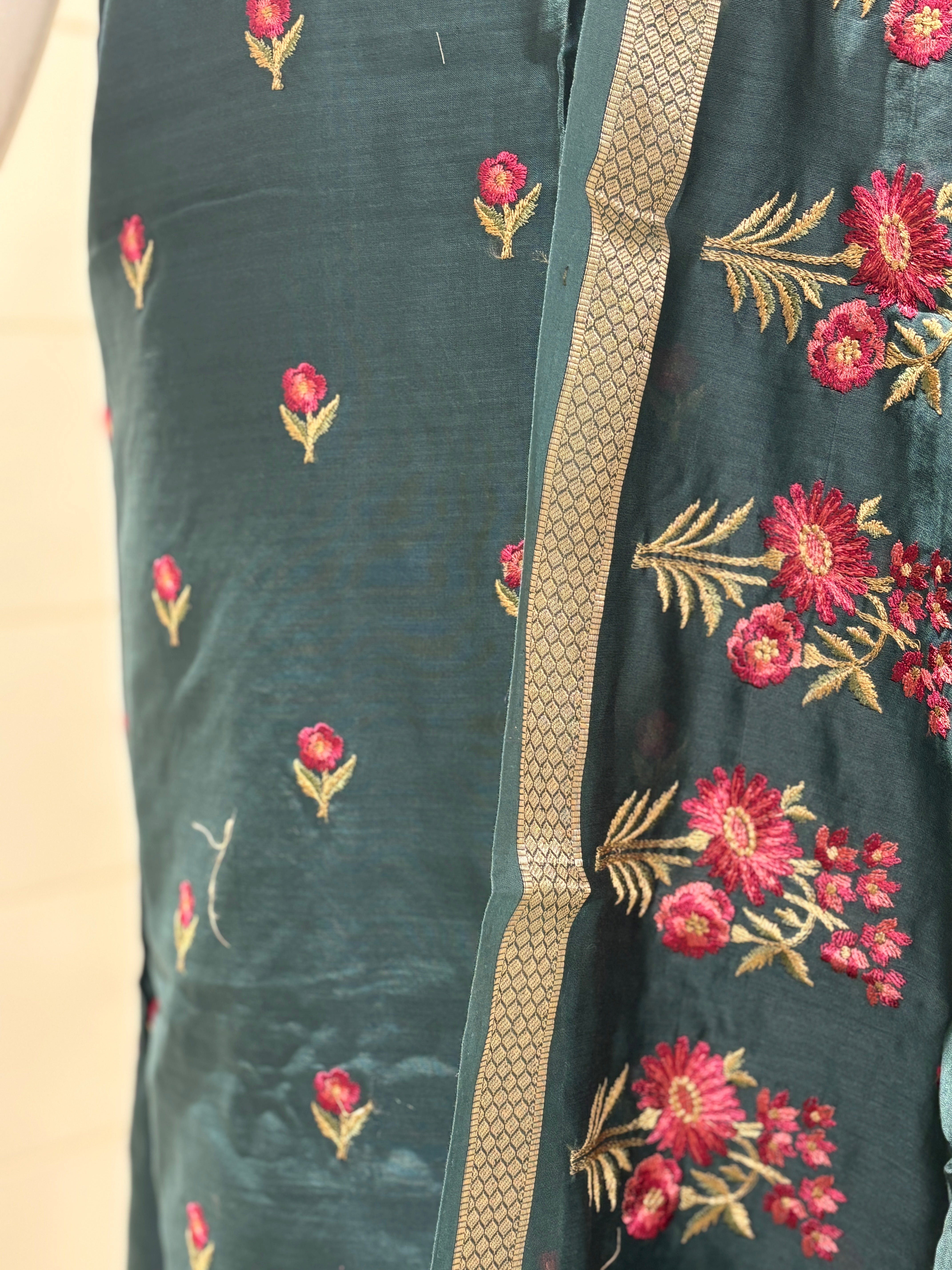 Pure Cotton Embroidered Suit Material with Embroidered Cotton Dupatta – Dark Sea Green Elegance