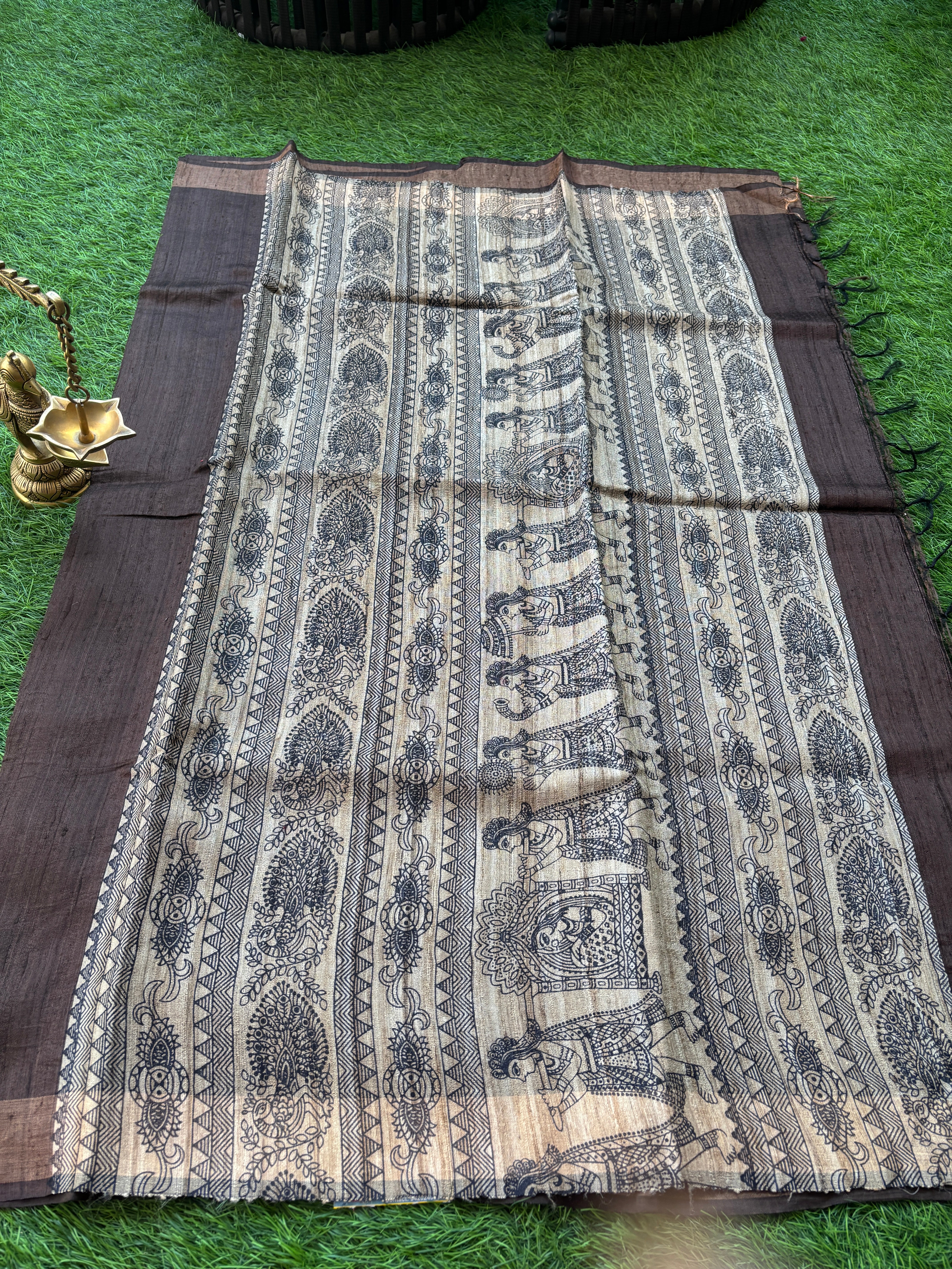 Pure Desi Tussar Silk Dark coffee brown Saree with Zari Border and Madhubani Print Pallu running blouse with border