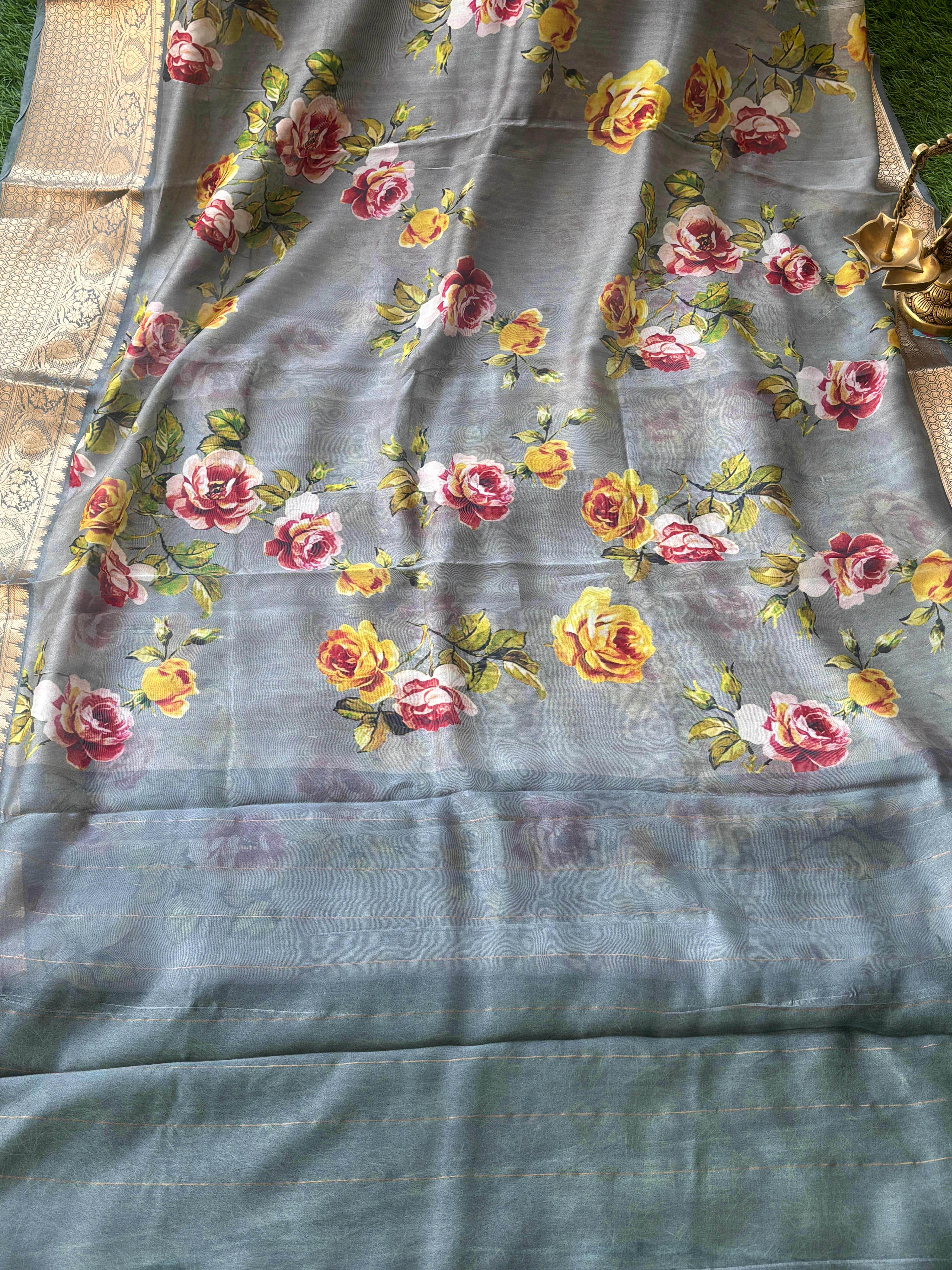 Pure Georgette Banarasi Saree with Broad Zari Border & Grey Floral Digital Print