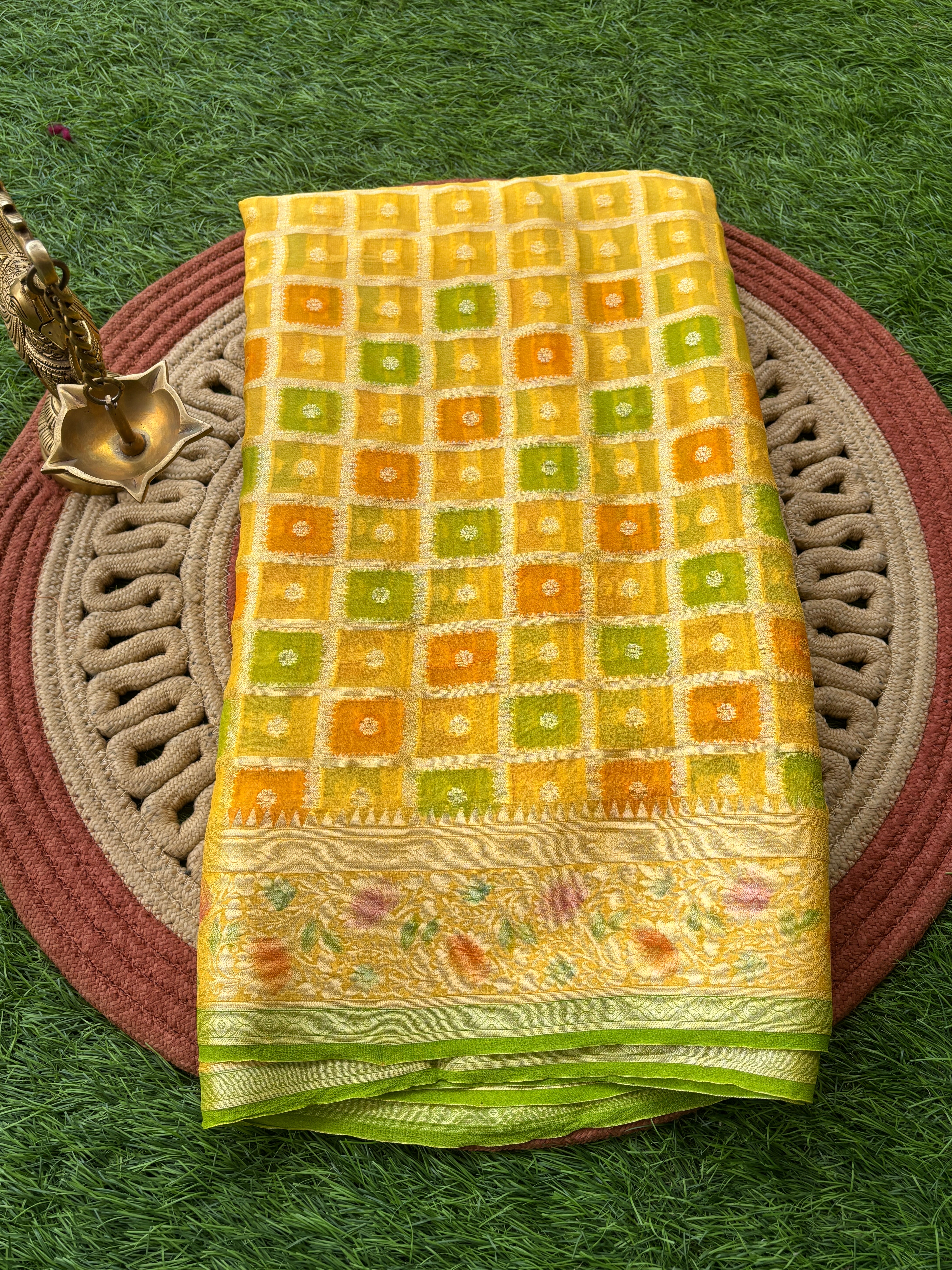 Lemon Yellow Khaddi Georgette Banarasi Saree with Allover Gharchola Design | Chandrika Lifestyles