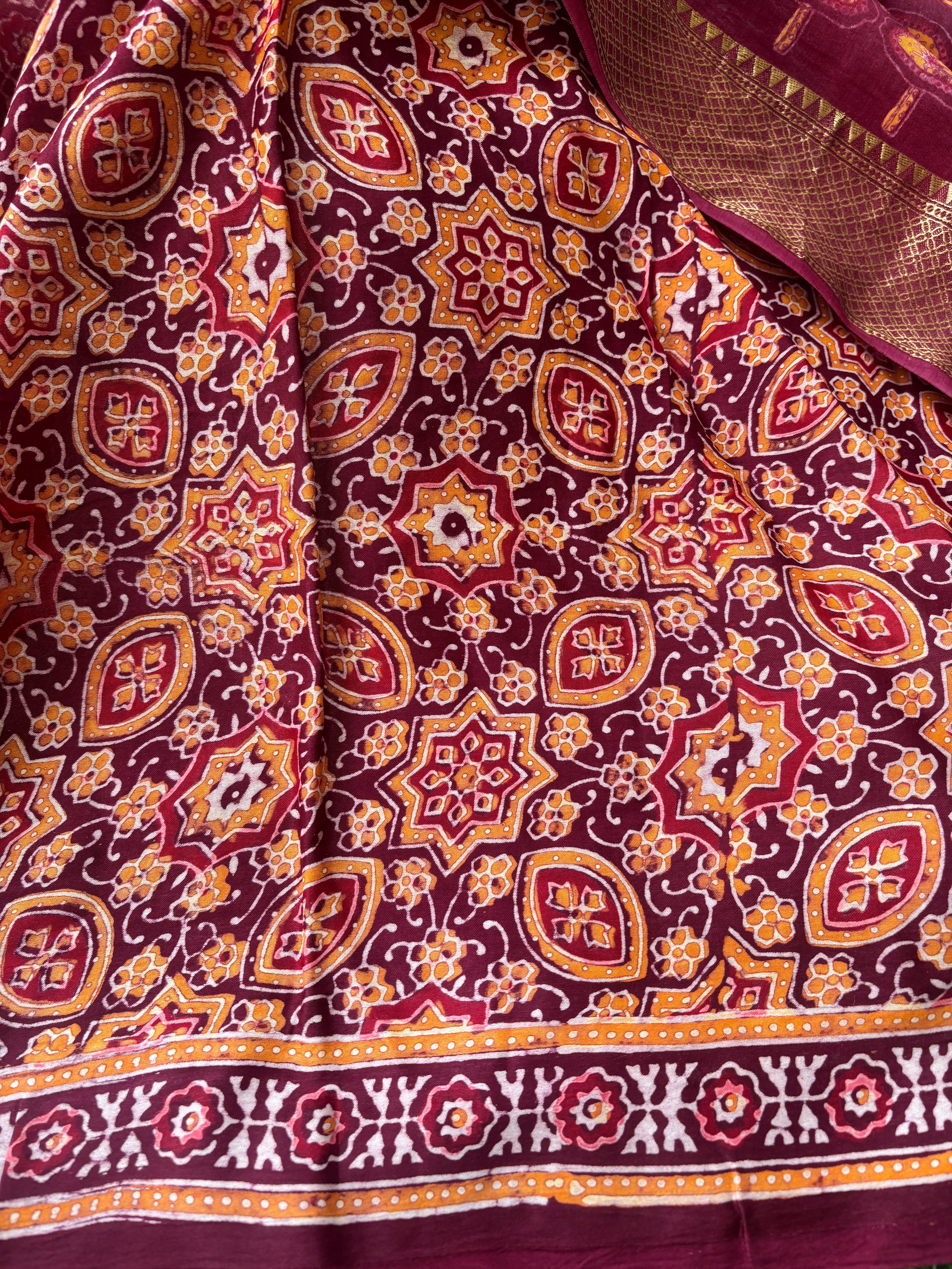 Maroon Ajrak Handblock Printed Cotton Saree with Zari Border | Chandrika Lifestyles