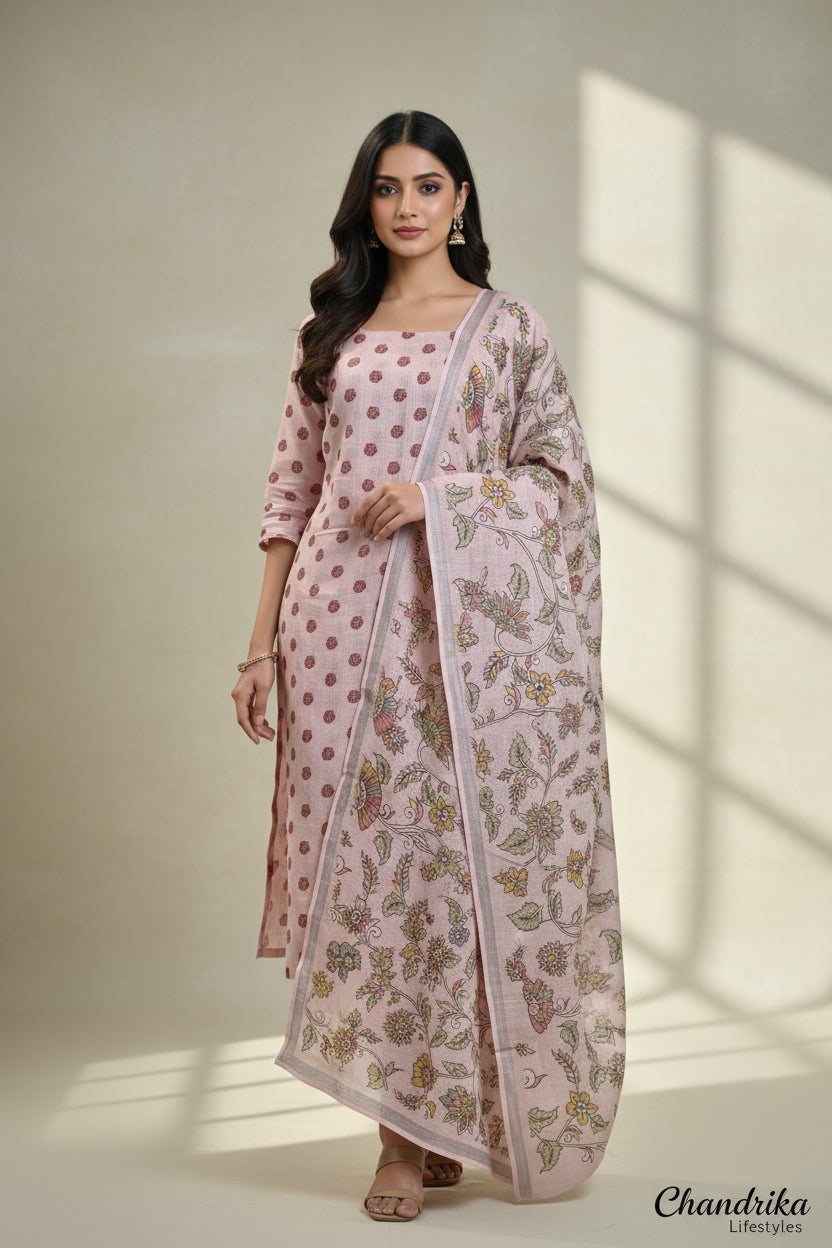 Chandrika Lifestyles | Peach & Pink Linen Suit – Floral Print