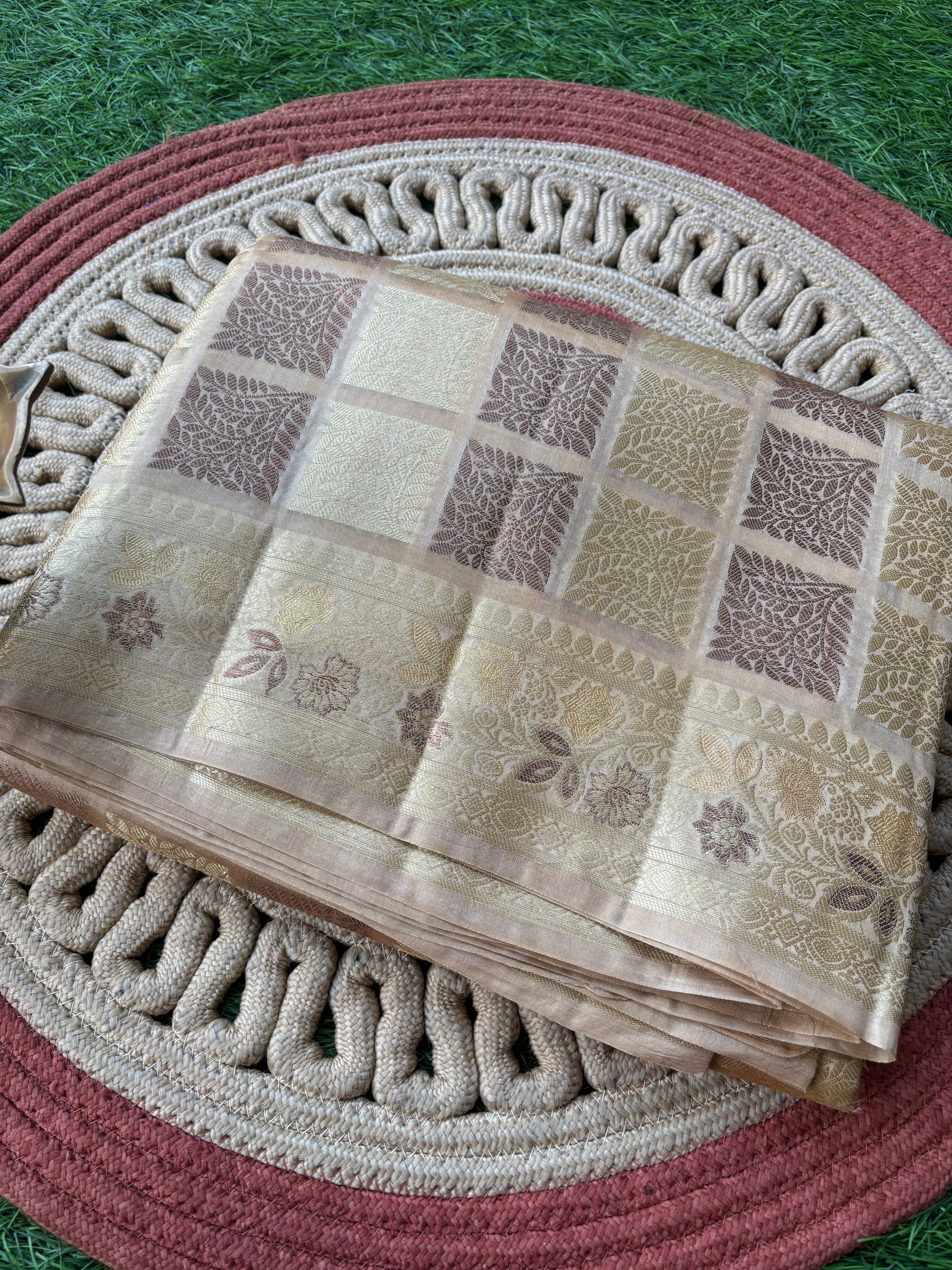 Pure Banarasi silk saree in beige and brown combination with gold zari weaving