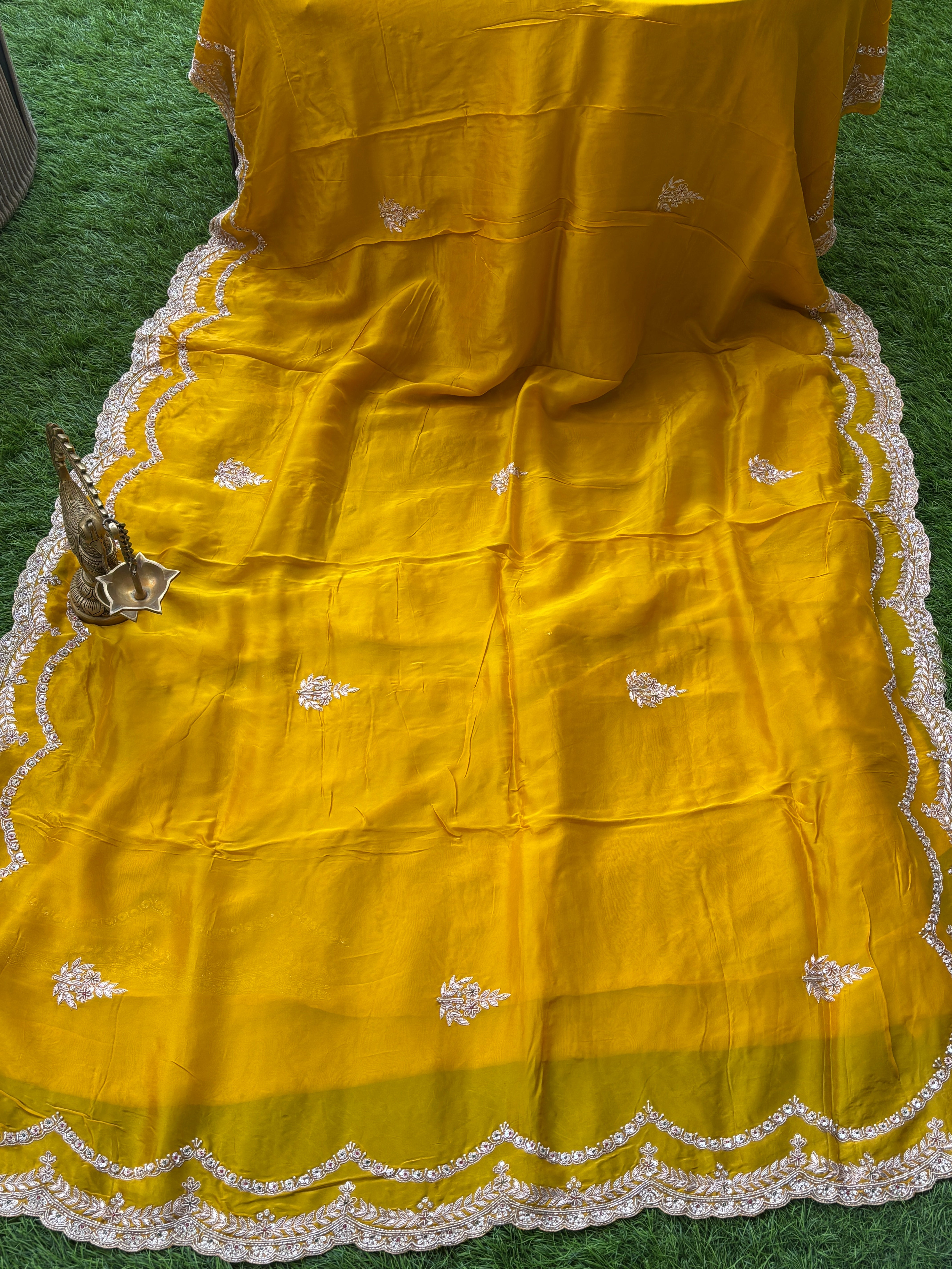 Mango Yellow Pure Crepe Silk Saree with Scallop & Zardozi Work | Chandrika Lifestyles
