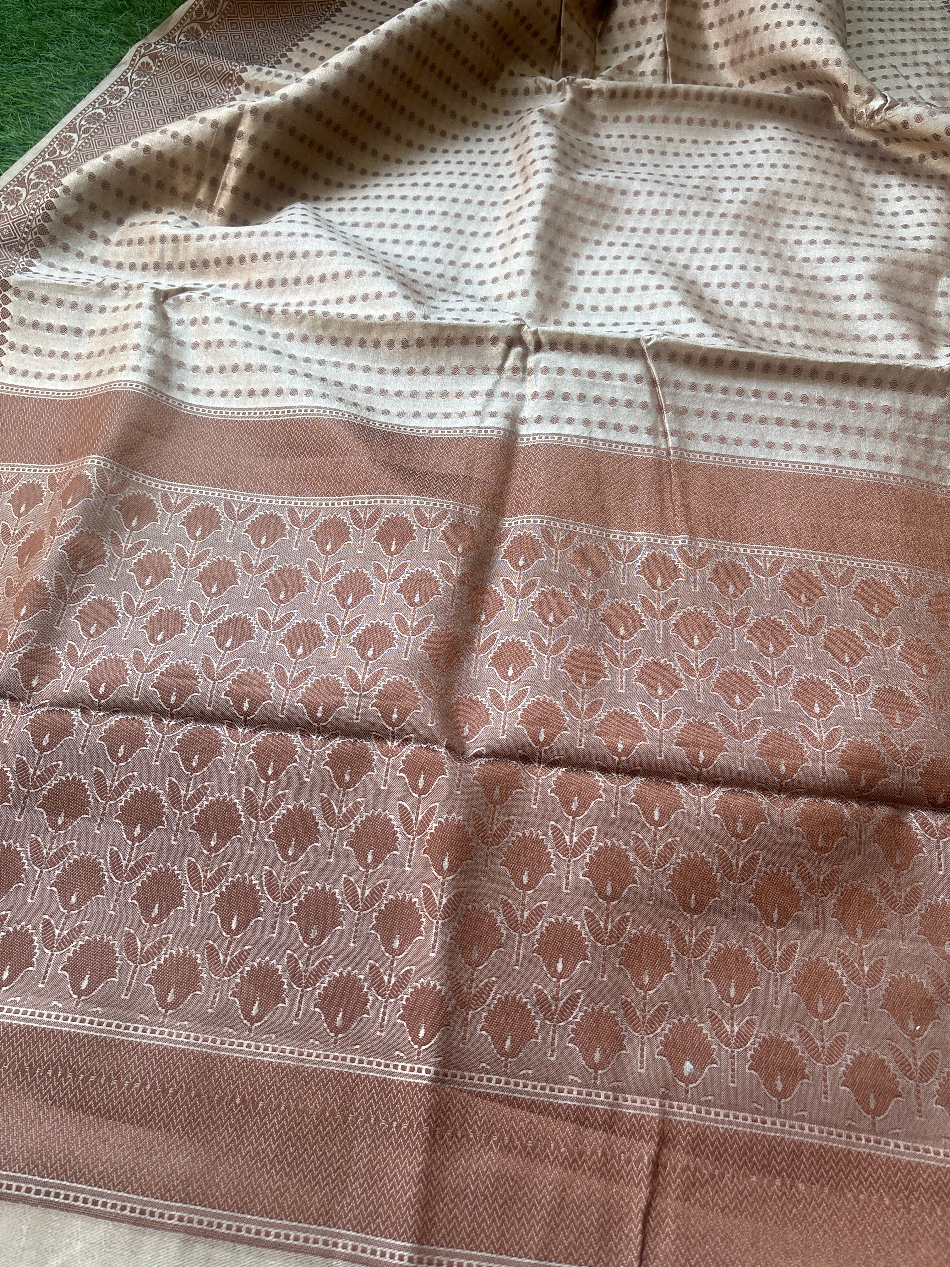 Beige Dupion Silk Banarasi Saree with Round Motifs & Resham Weaving Border | Chandrika Lifestyles