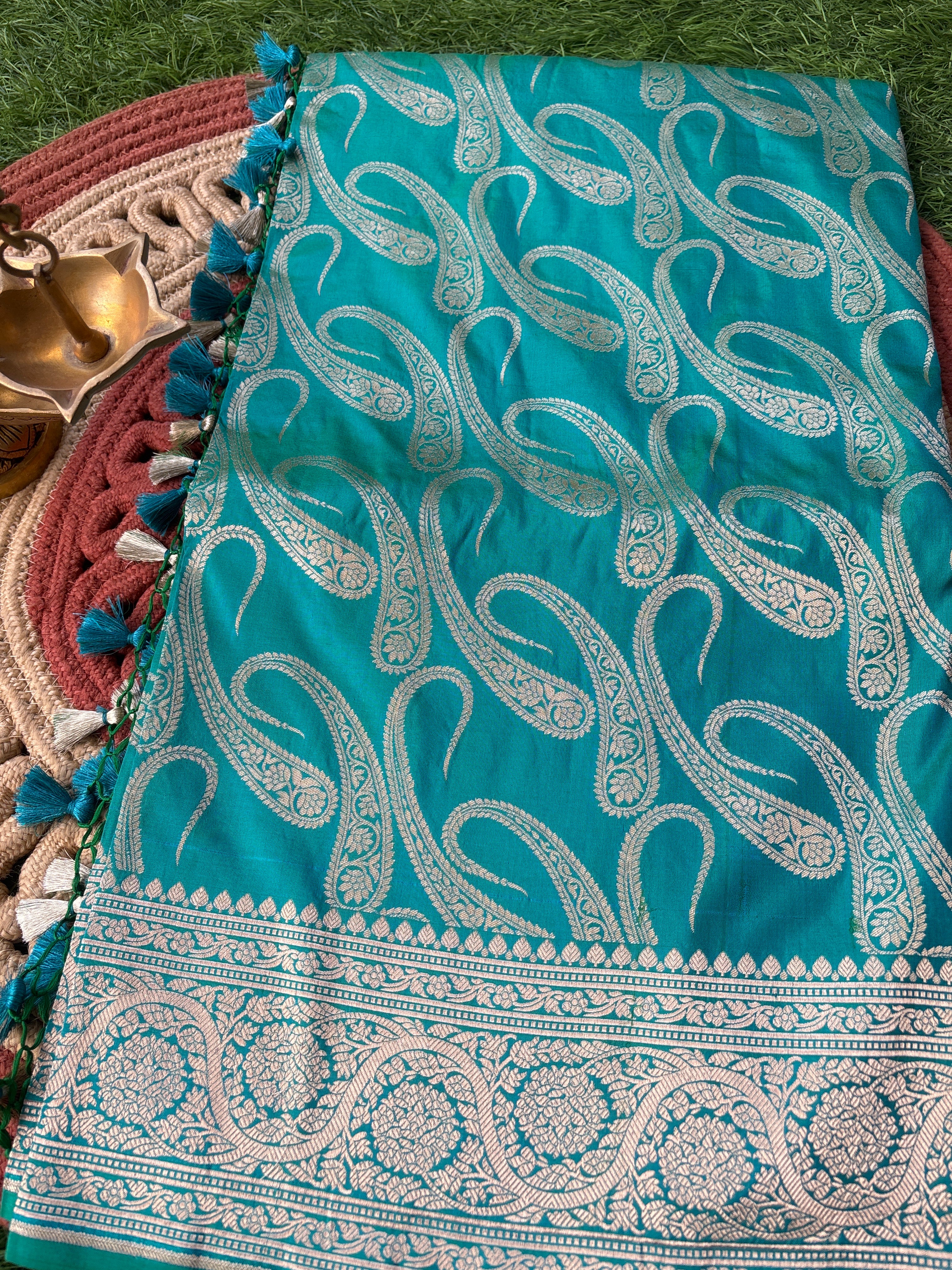 Sea Green Katan Silk Banarasi Saree with Mango Motifs & Silver Zari Broad Border | Chandrika Lifestyles