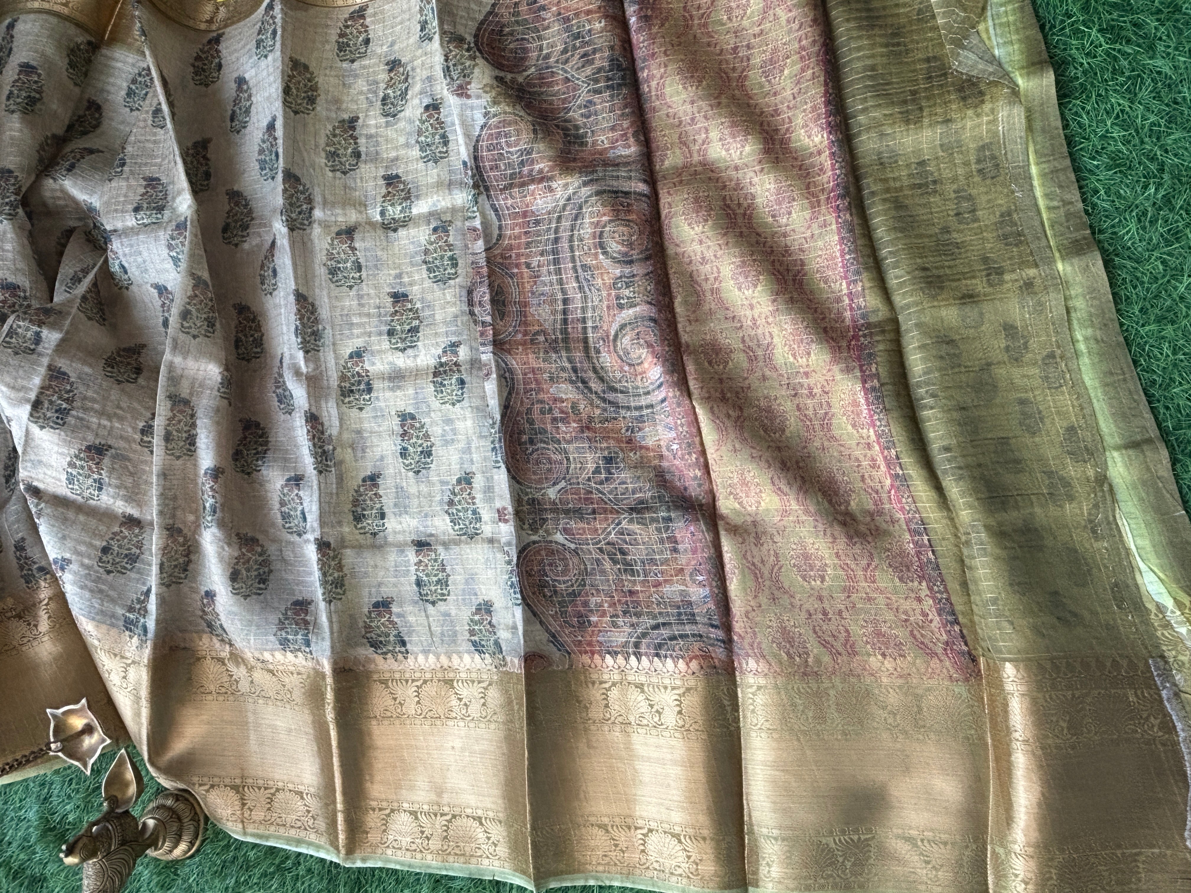 Beige Pure Organza Saree with All-Over Zari Checks