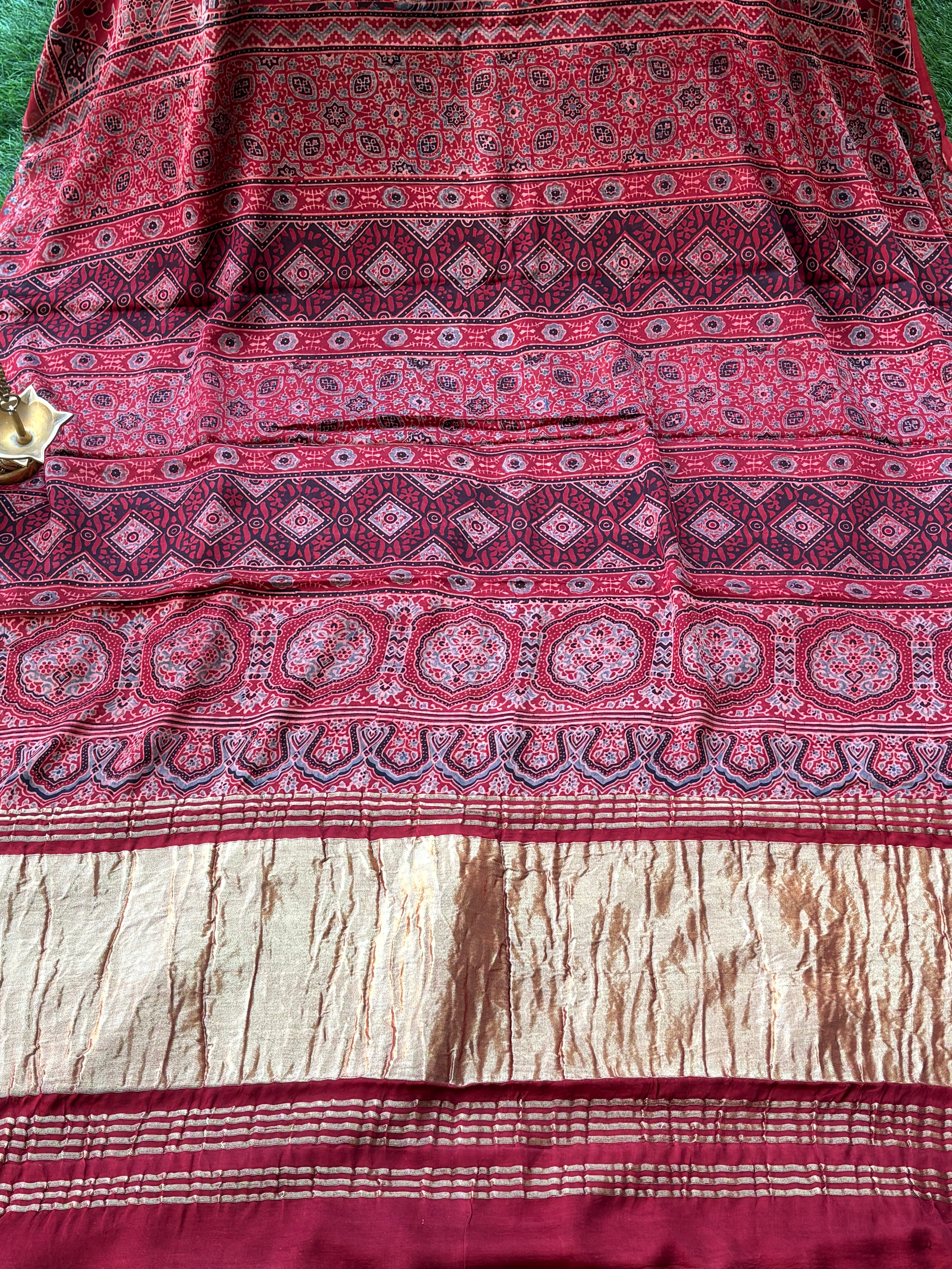 Red Pure Modal Silk Ajrak Digital Printed Saree with Zari Lugdi Patta Pallu