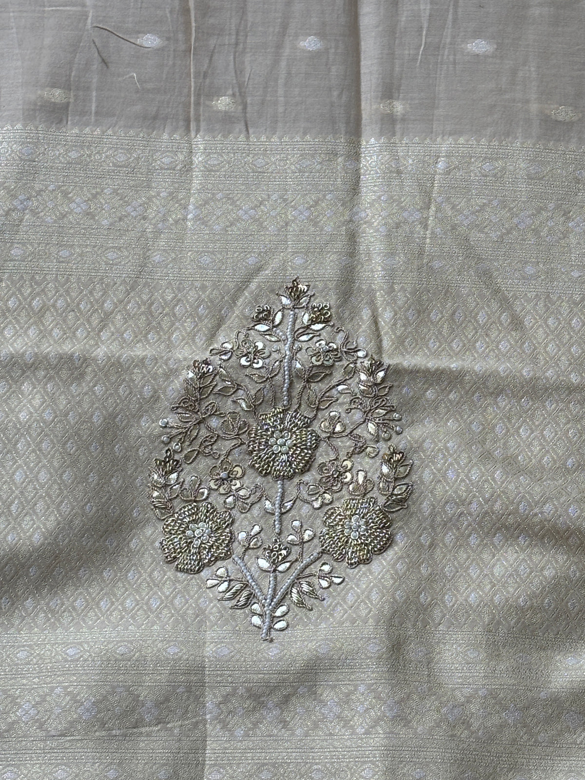 Banarasi  weaving offwhite sari with embroidery Zardozi Buta on Pallu all over weaving on the sari and with ready-made blouse