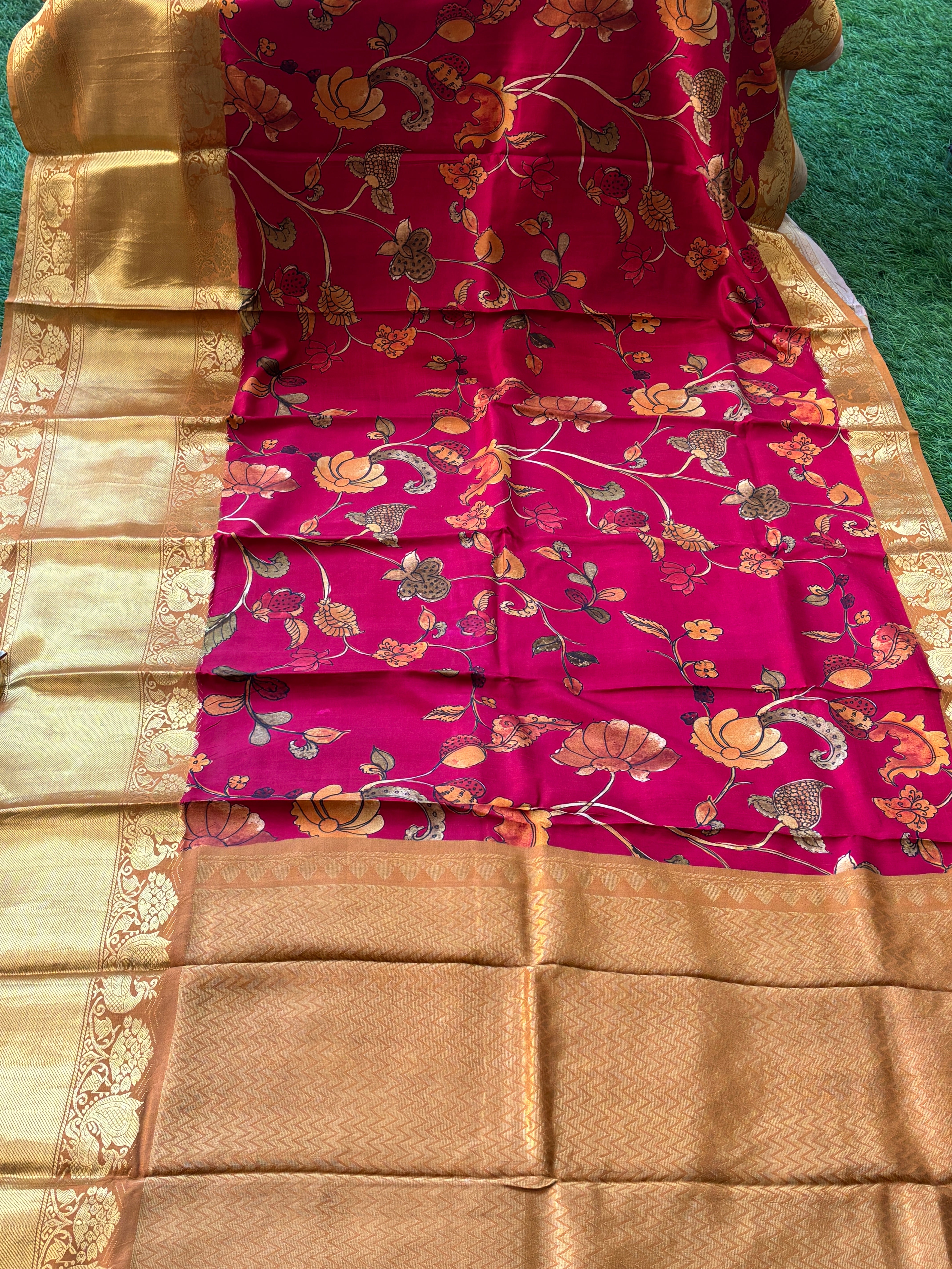 Dark Rani Pink Pure Silk Saree with Broad Dharmavaram Border and Zari Woven Pallu