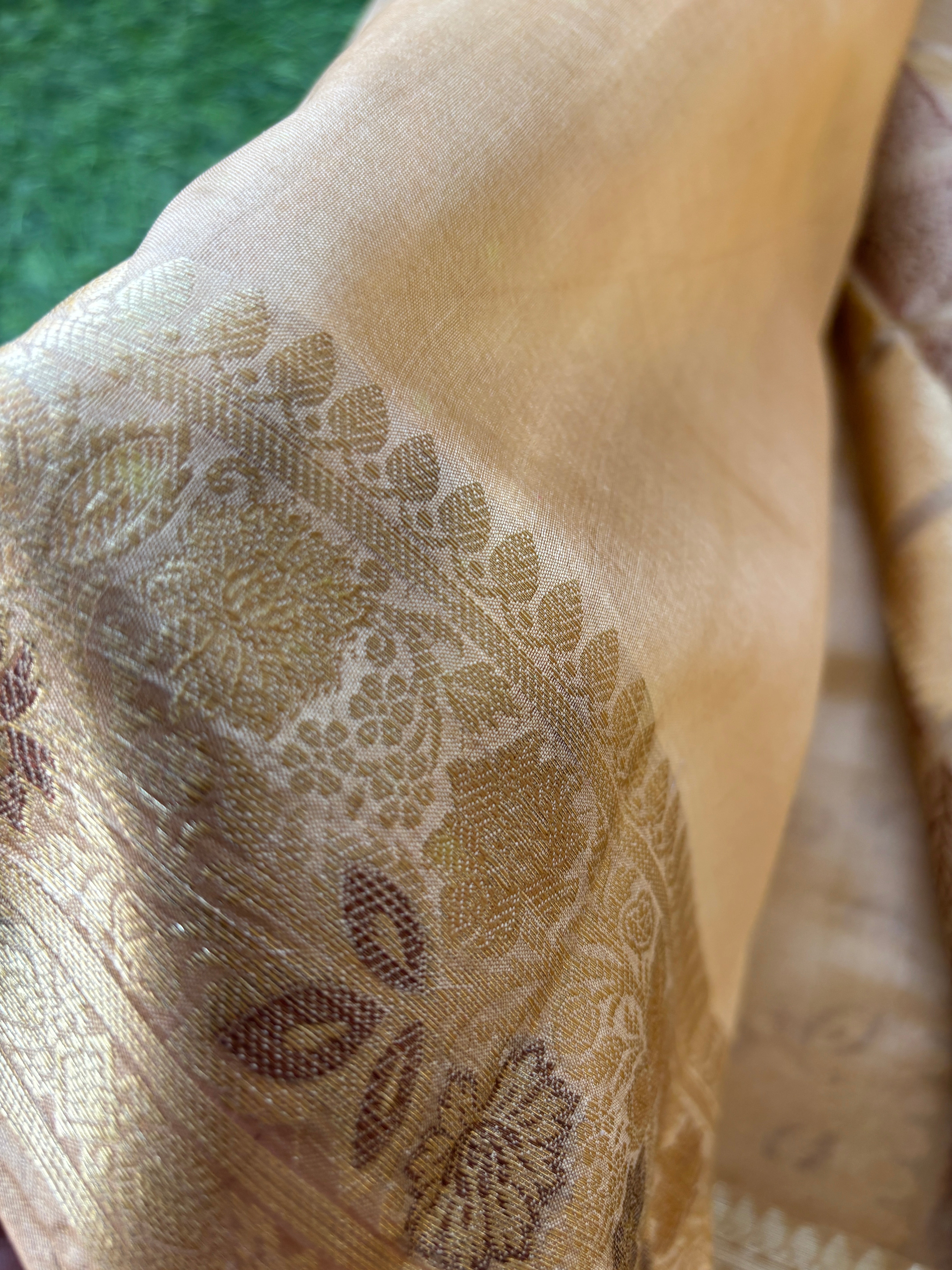 Brown contrast blouse with zari border paired with beige Banarasi saree