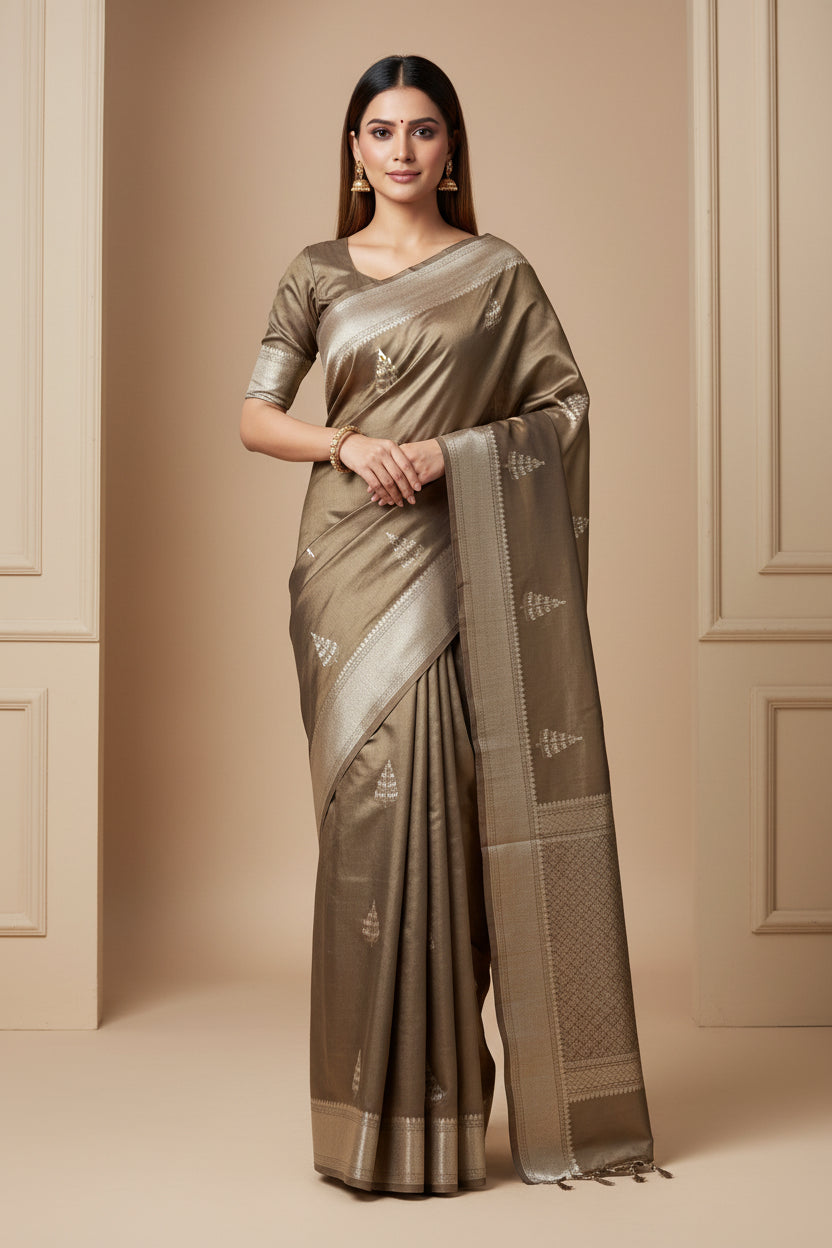 Woman wearing a traditional banarasi saree  in coffee brown colour .