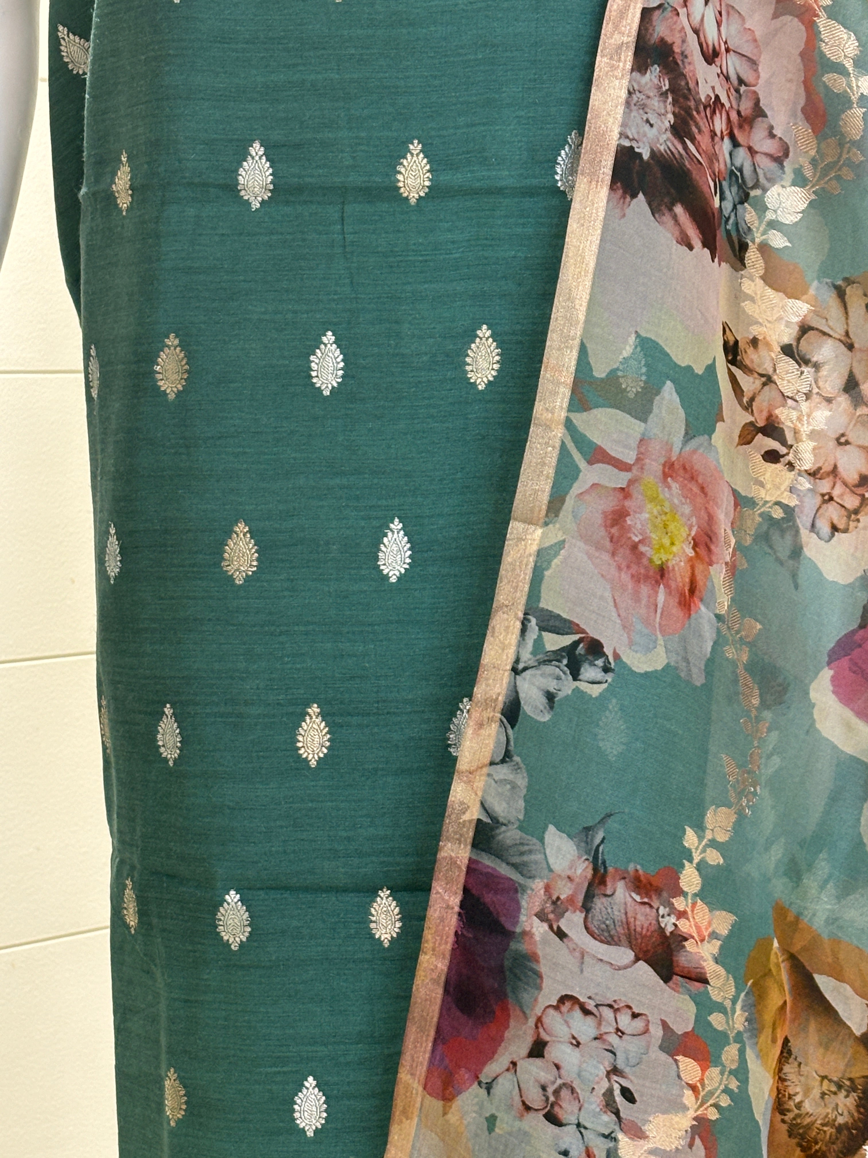 Sea Green Pure Tussar Silk Banarasi Rupa Zari Suit Material with Organza Dupatta | Chandrika Lifestyles