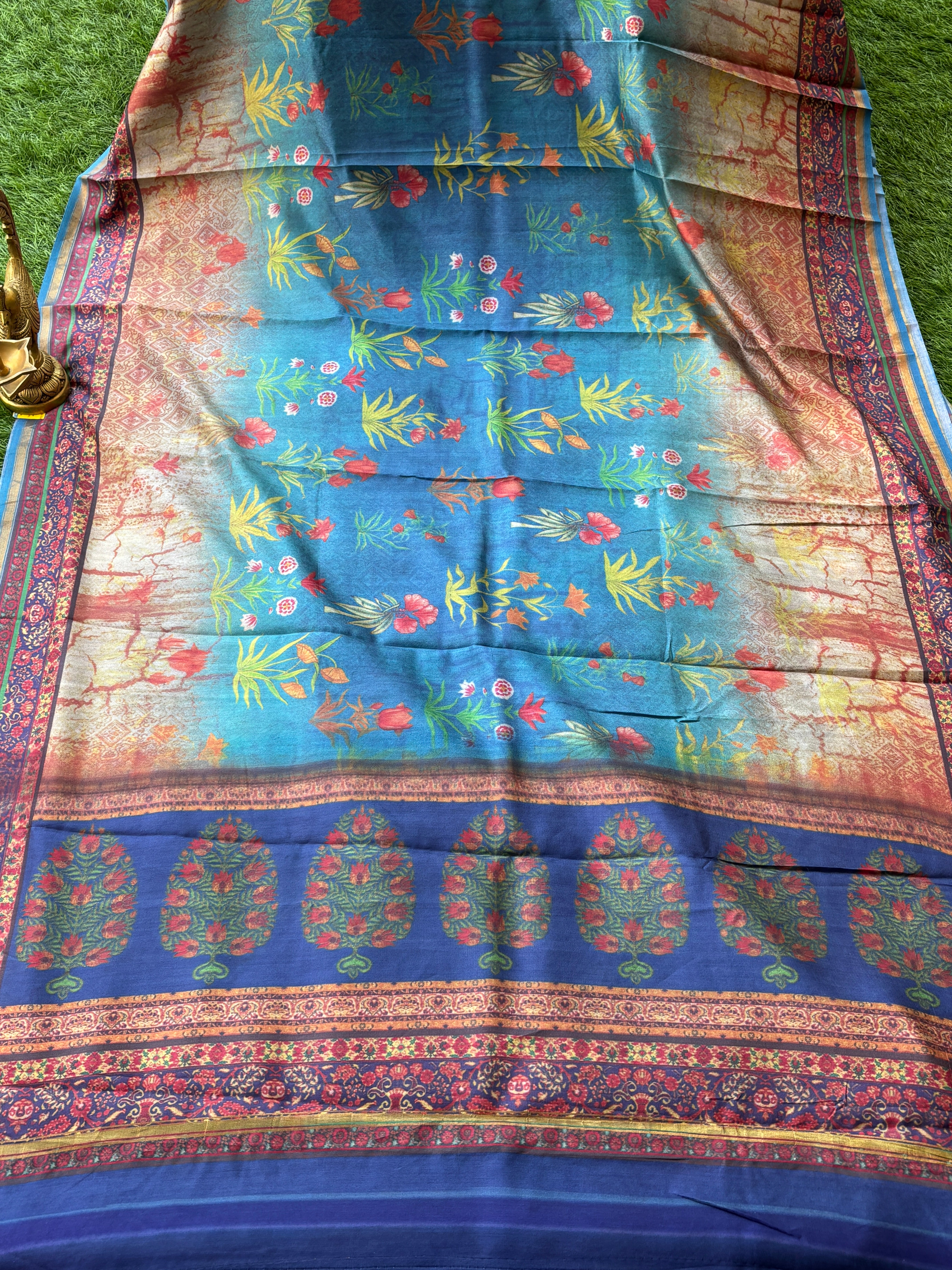 Ocean Blue Munga Silk Saree with Allover Digital Print | Chandrika Lifestyles