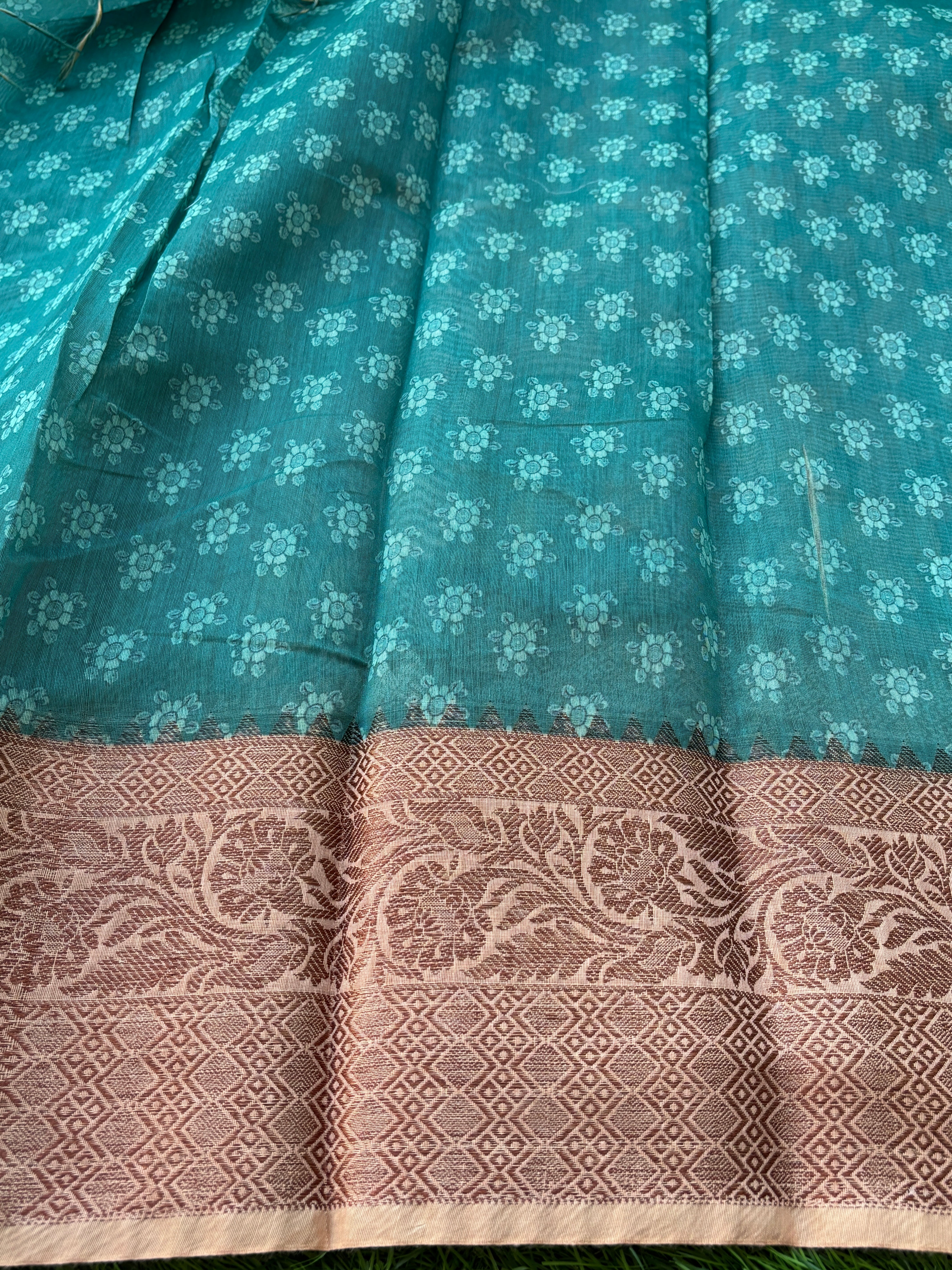 Sea Green Mercerized Cotton Saree with Allover Digital Print Butta | Chandrika Lifestyles