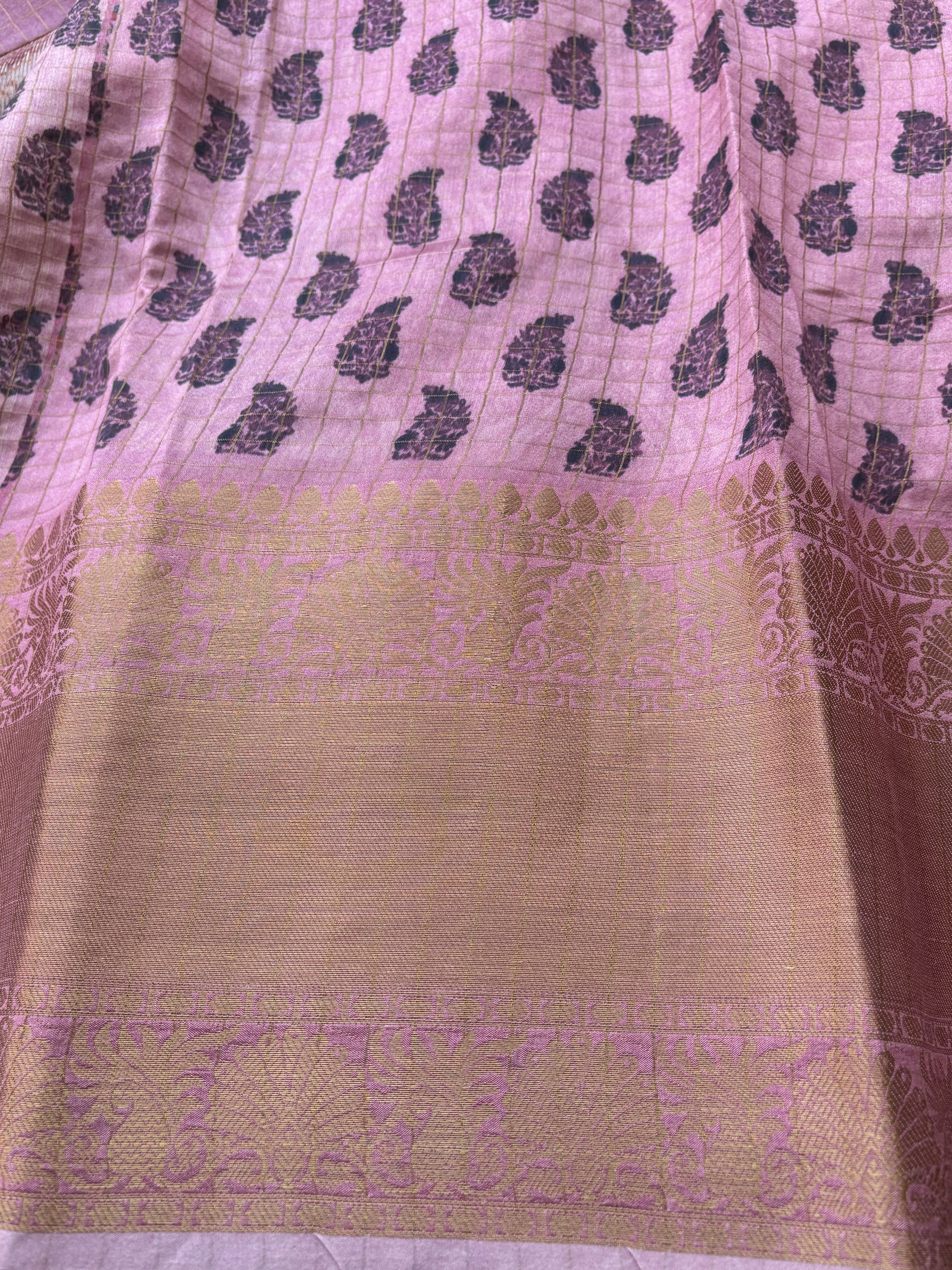 Baby Pink Pure Organza Saree with Zari Checks, Digital Print & Zari Border | Chandrika Lifestyles