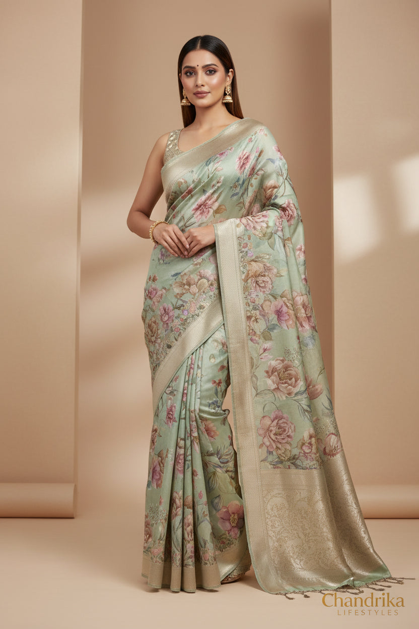 Pure Pista Green Organza Saree with Figure & Floral Embroidery and Digital Print | Chandrika Lifestyles