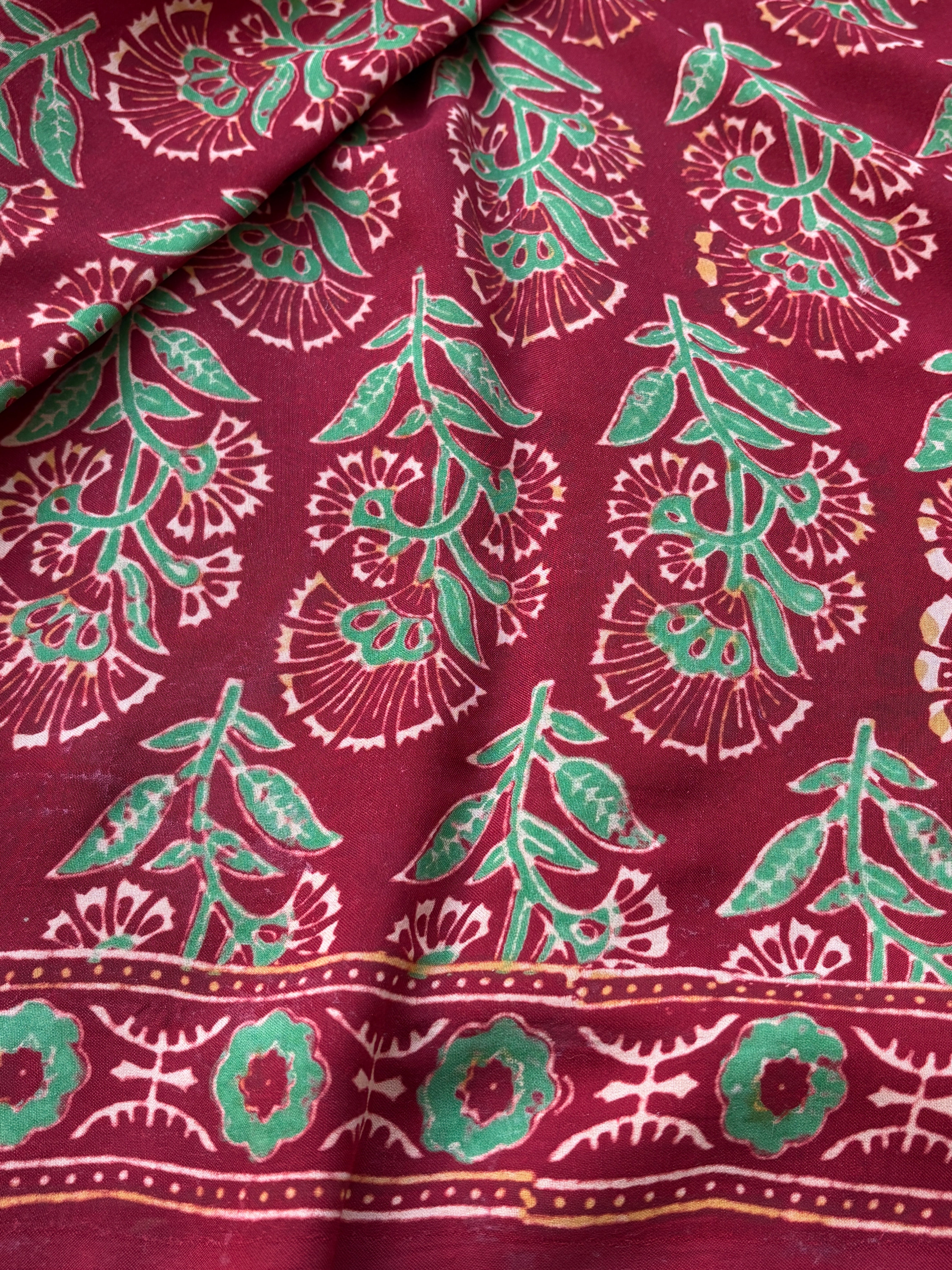 Maroon saree Pure Modal Silk Ajrak Hand Block Printed Saree with Lugdi Patta in Red & yellow