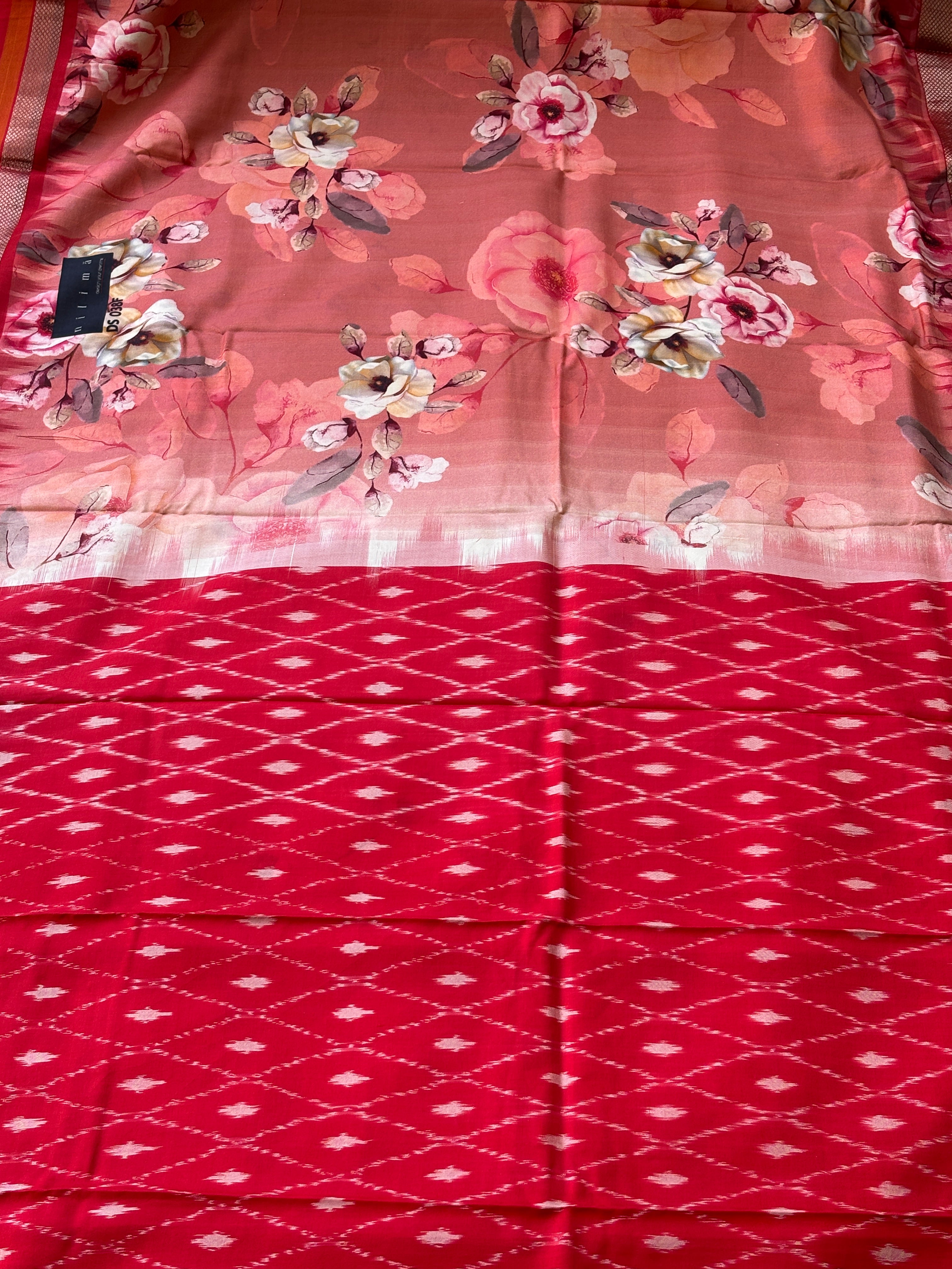 Red Ikat Border Detail on Peach Pink Floral Printed Pure Silk Saree