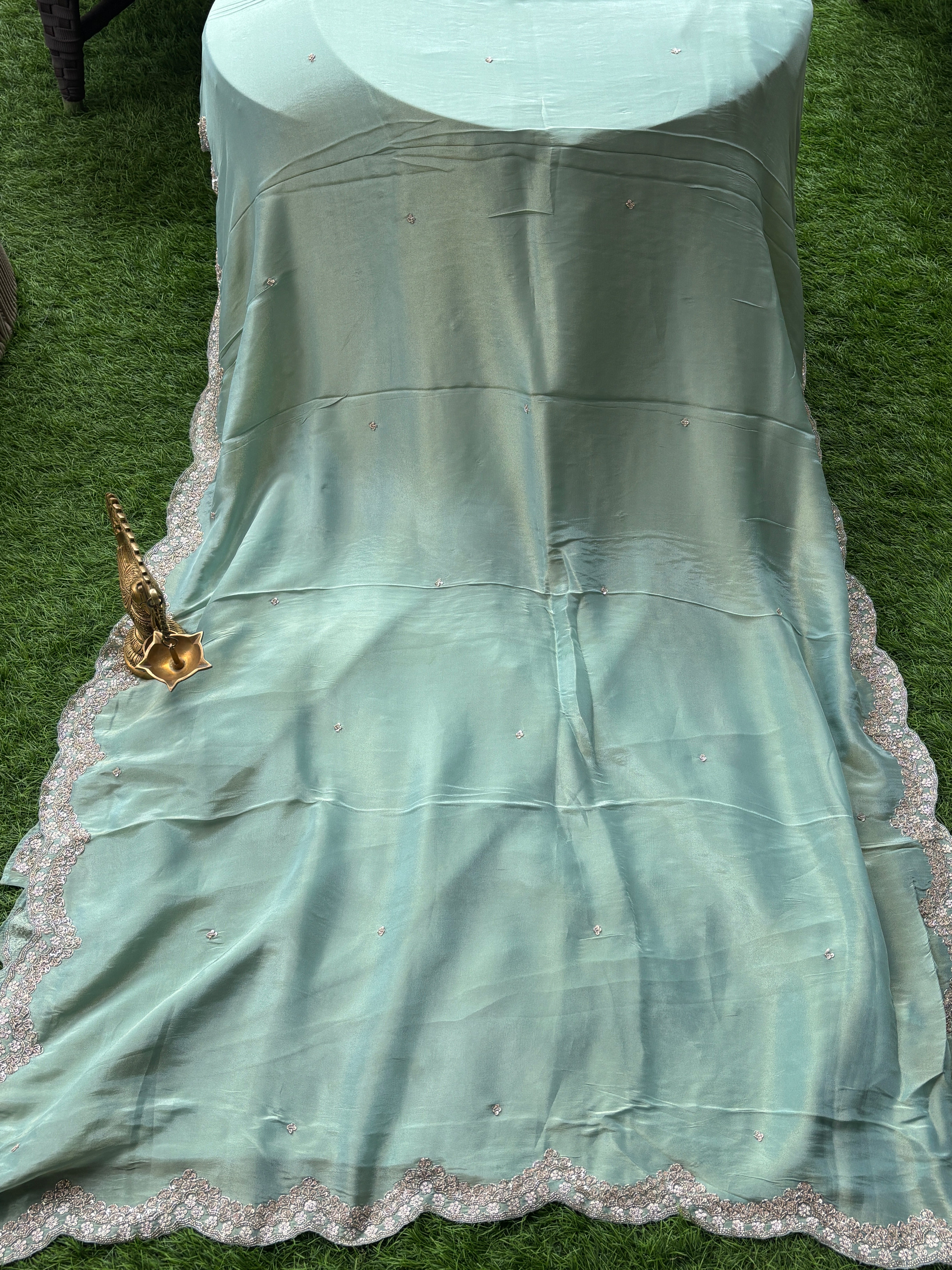 Luxury Mint Pure Tissue Crepe Silk Saree with Zardozi Buttas & Designer Scallop Border