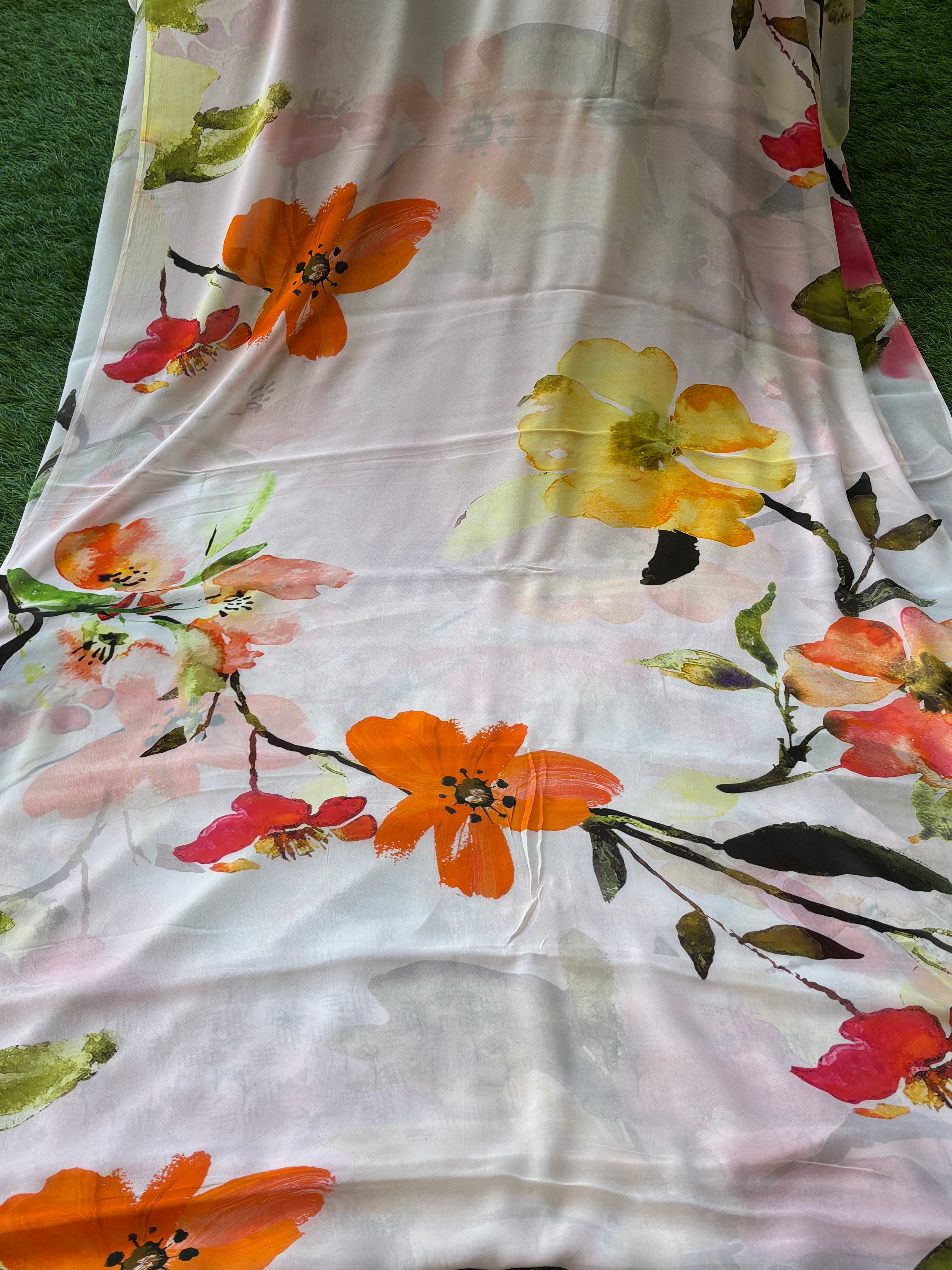 Off White Pure Crepe Silk Saree with Floral Digital Print