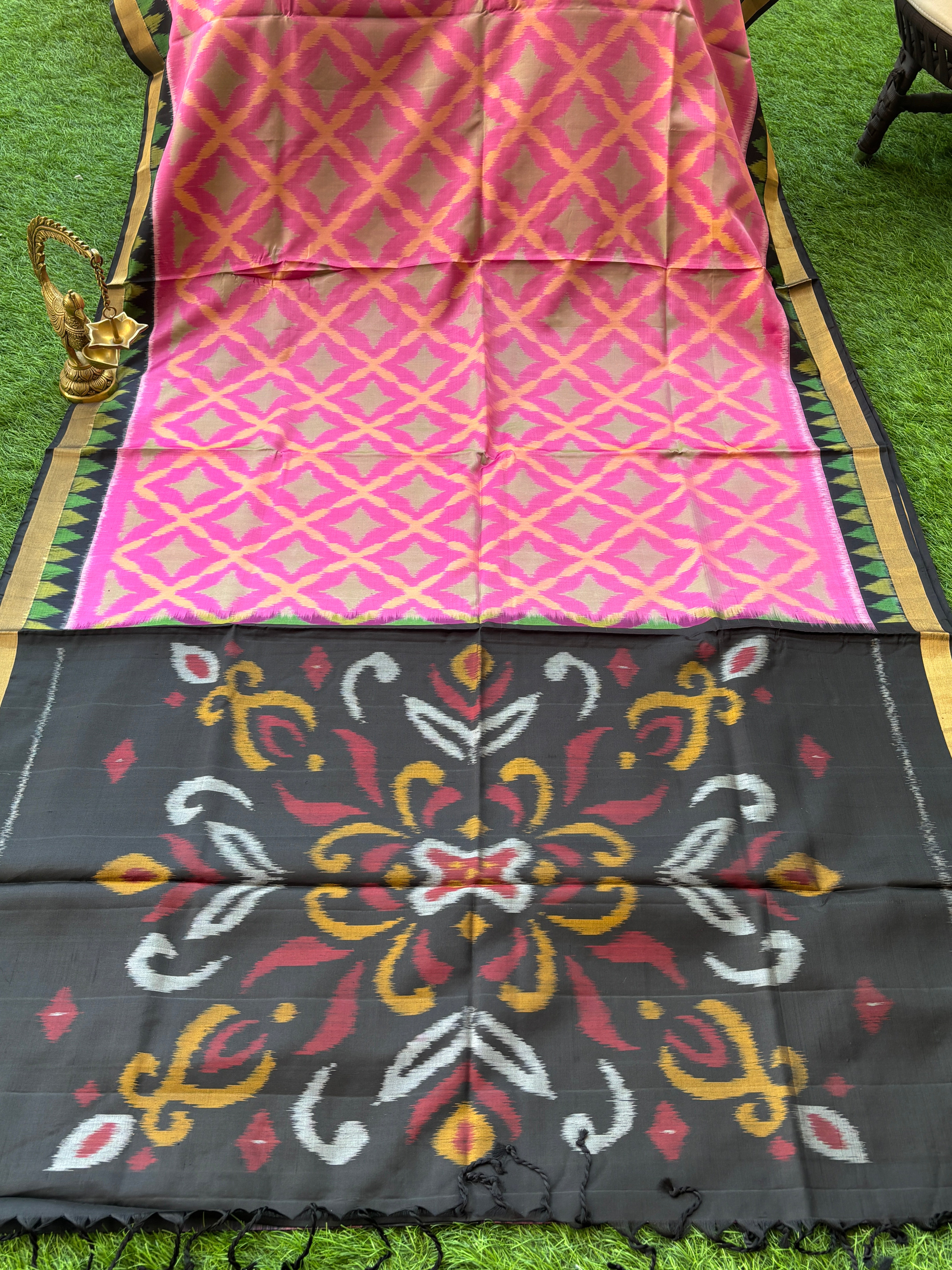 Pure Silk Jamuni (Purple-Pink) Ikat Saree with Black Border and Black Ikat Pallu