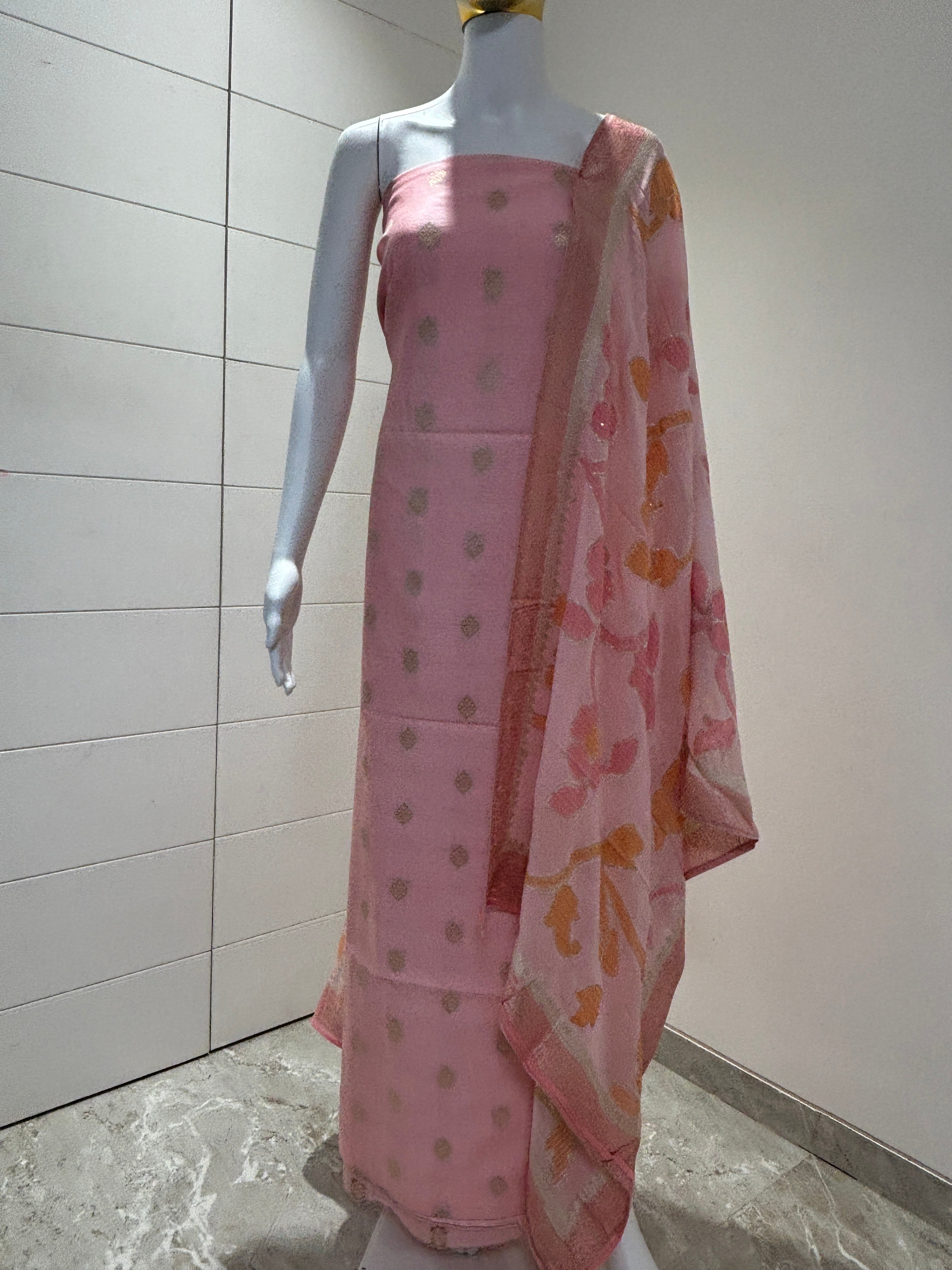 Baby pink pure georgette silk banarasi suit material with pure georgette dupatta with sequence work.