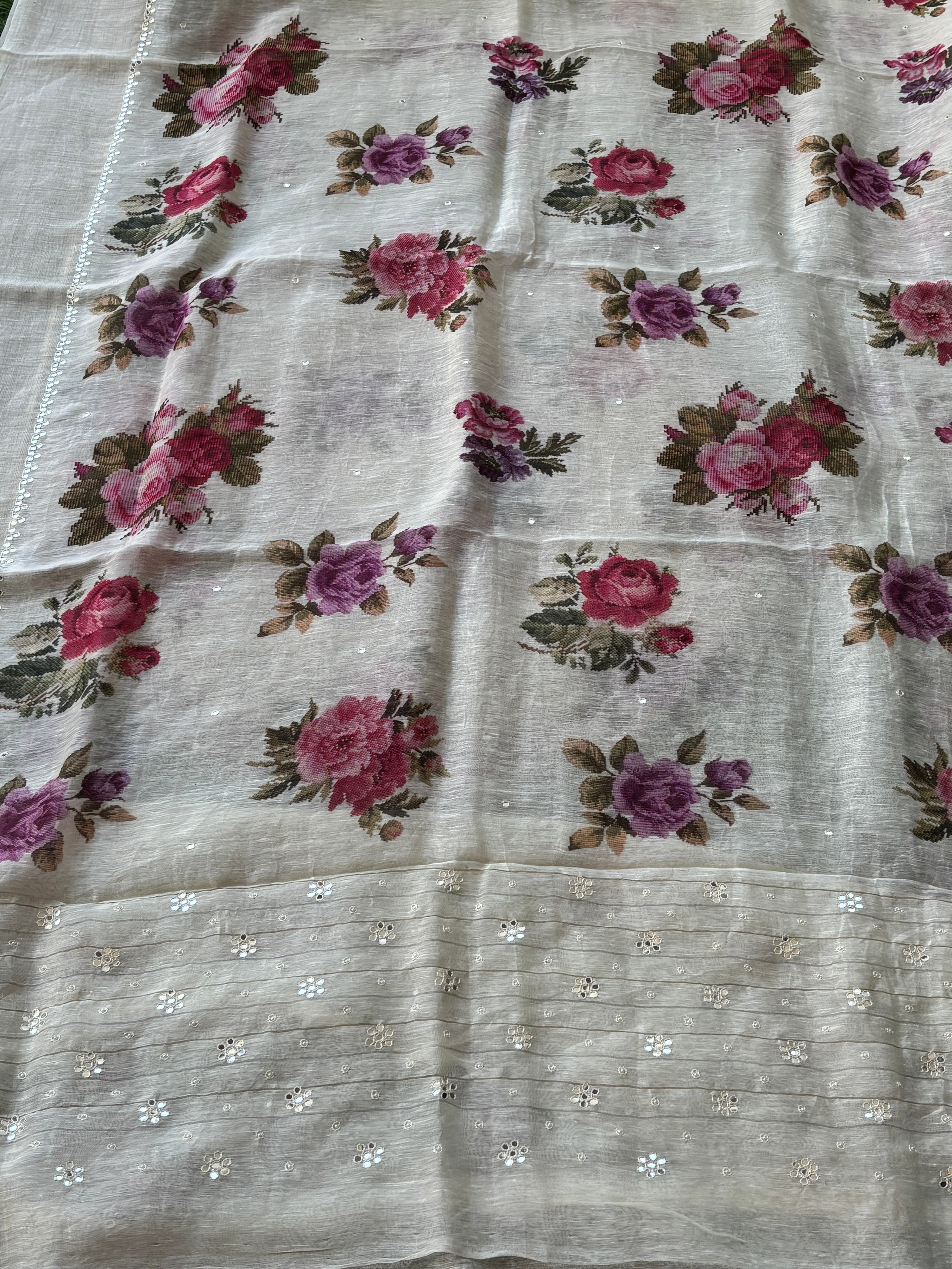 Off-White Pure Linen Saree with Allover Floral Digital Print | Chandrika Lifestyles