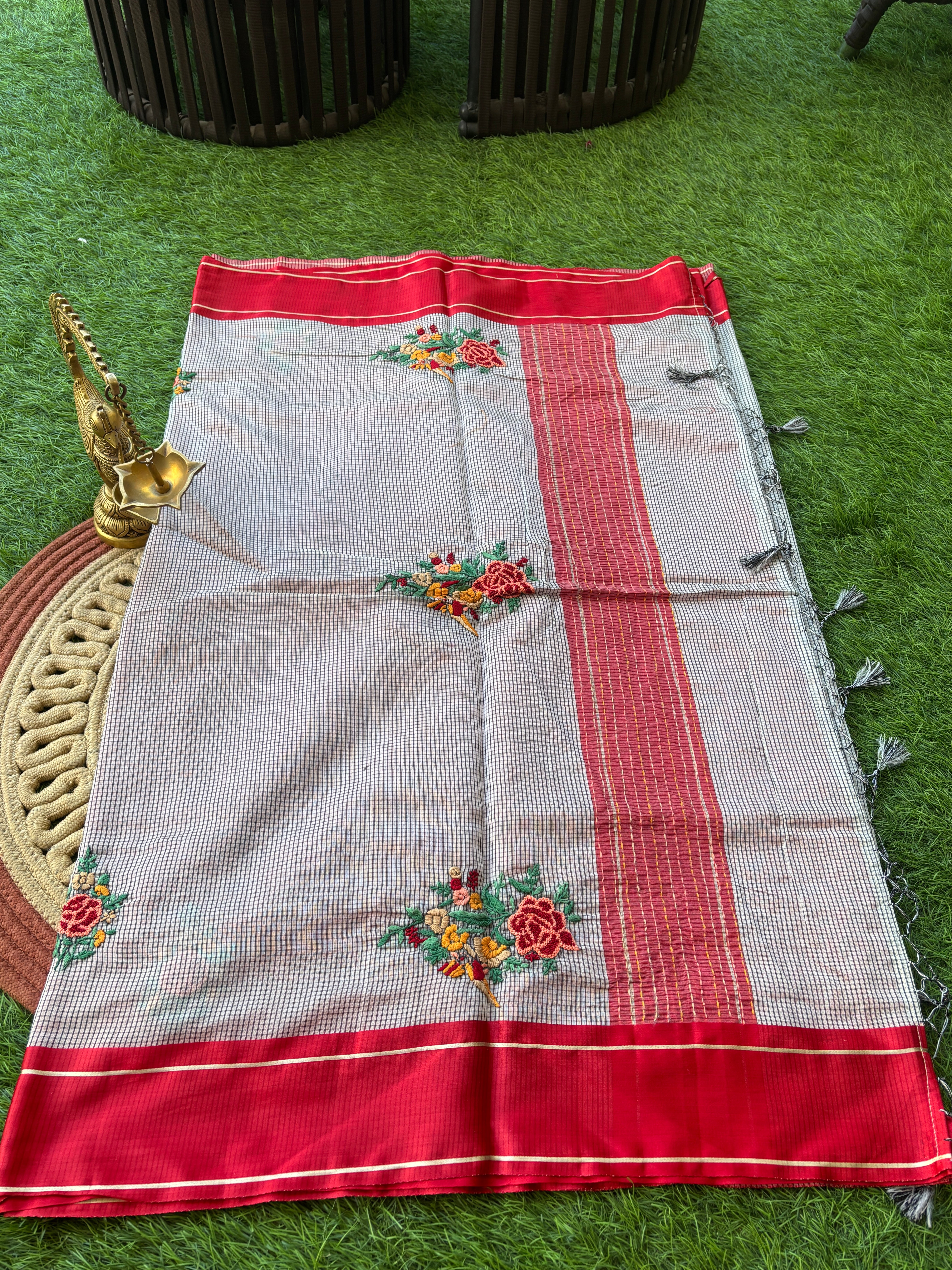 White Pure Cotton Saree with Black Checks & Hand Floral Embroidery with Red Border | Chandrika Lifestyles