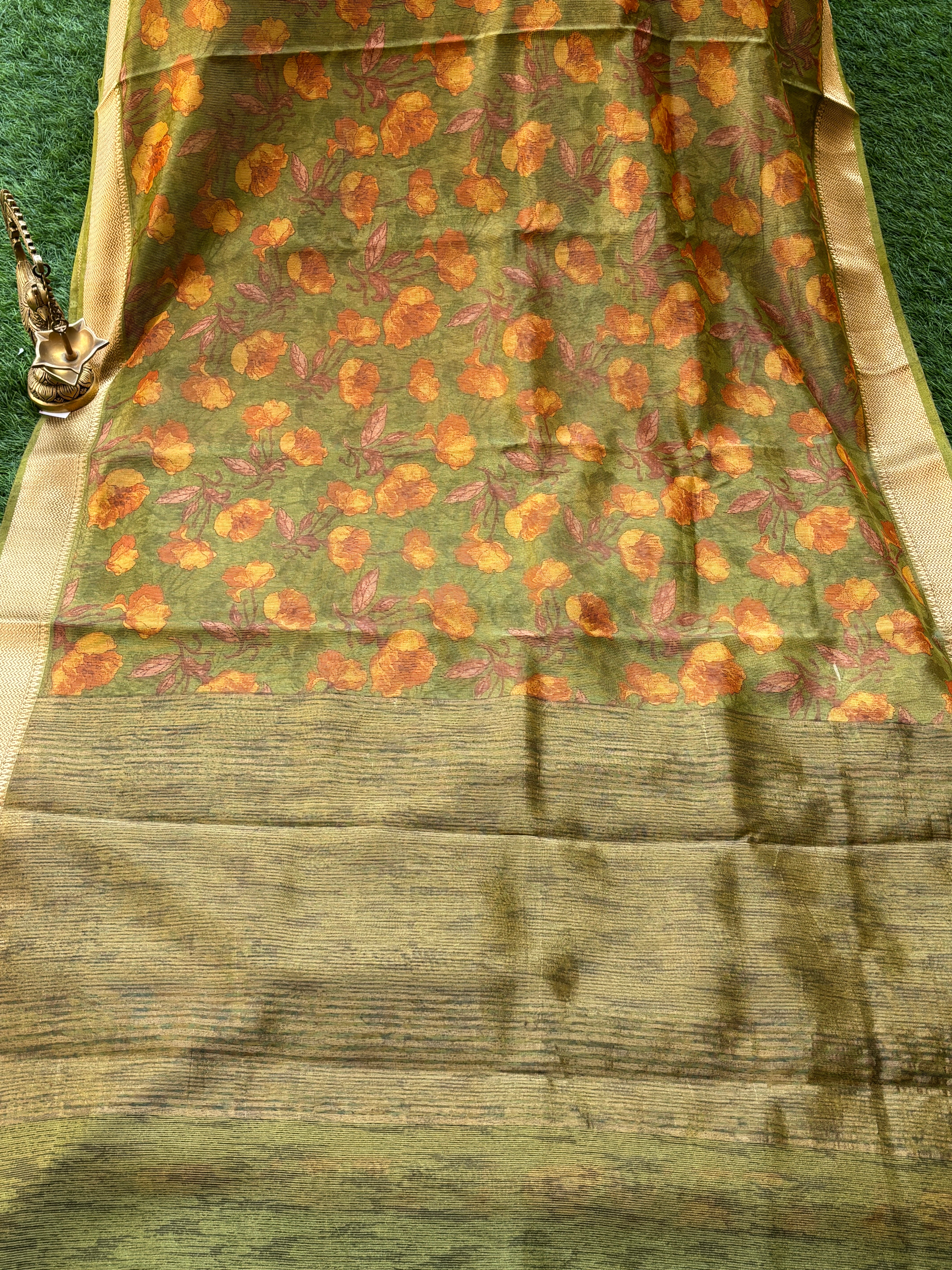 Olive Green Mercerized Cotton Saree with Allover Digital Print | Chandrika Lifestyles