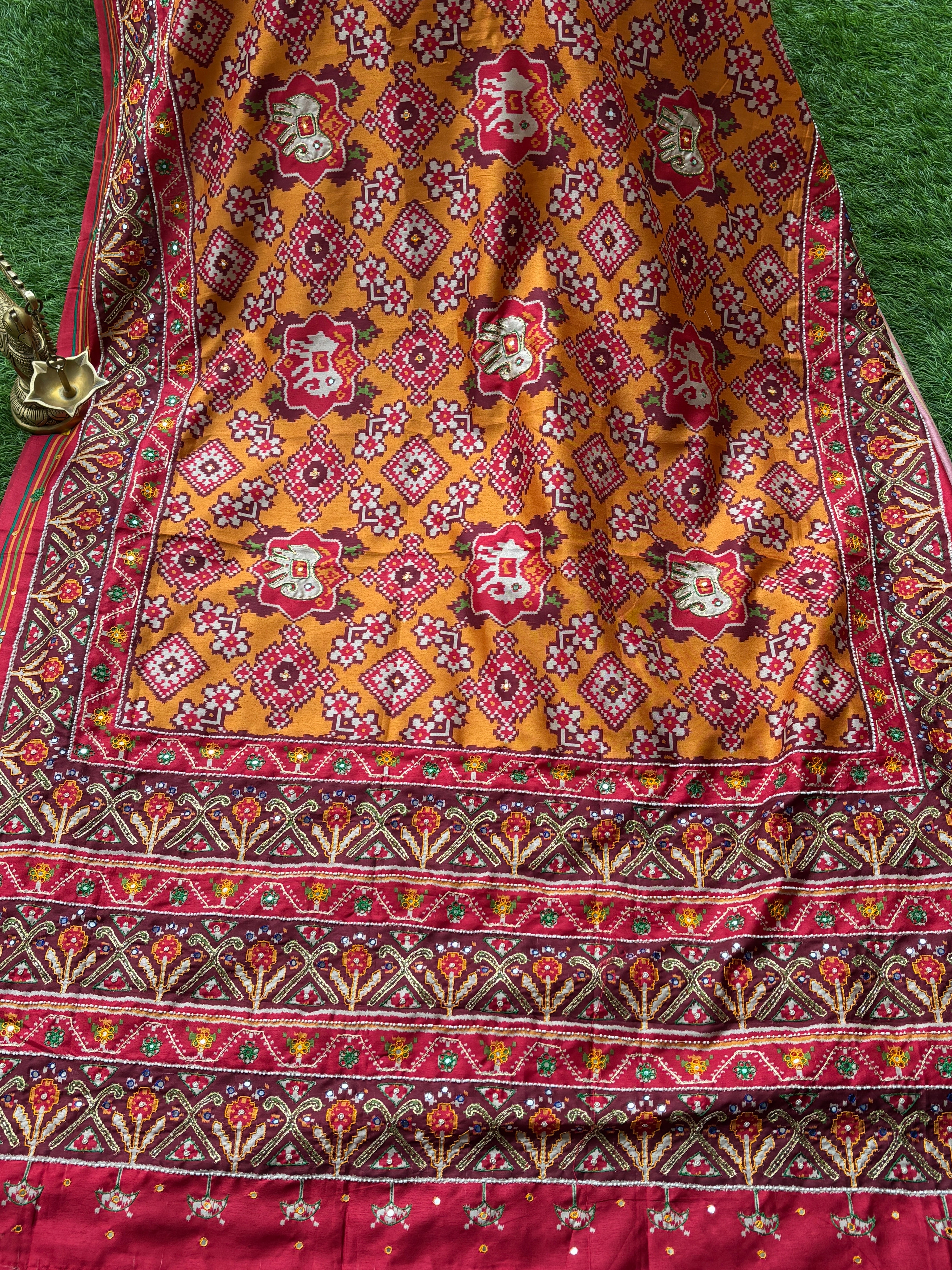 Yellow Tussar Silk Patola Saree with Aari Work & Red Border | Chandrika Lifestyles