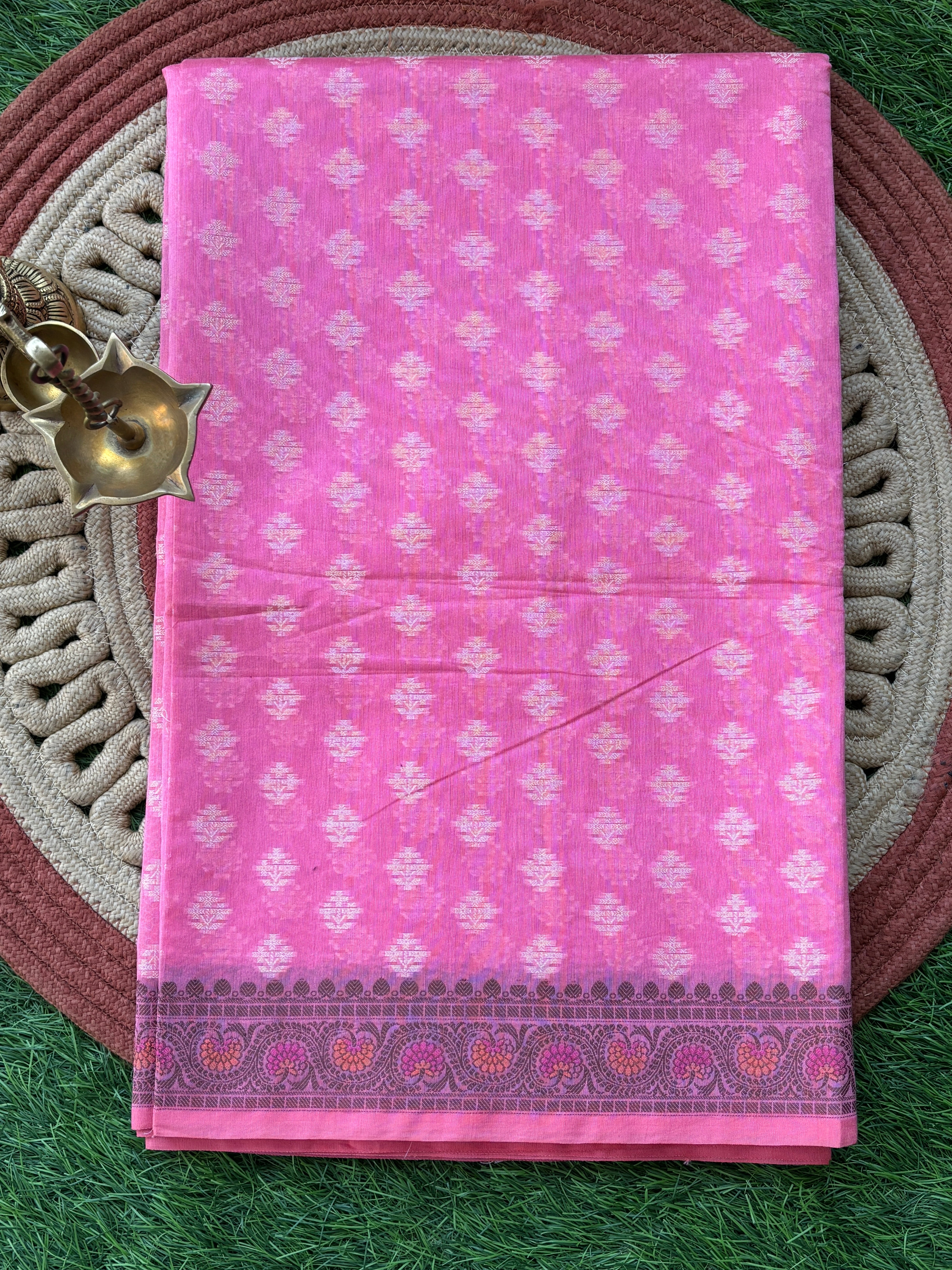 Pink Mercerized Cotton Saree with Allover Weaving | Chandrika Lifestyles