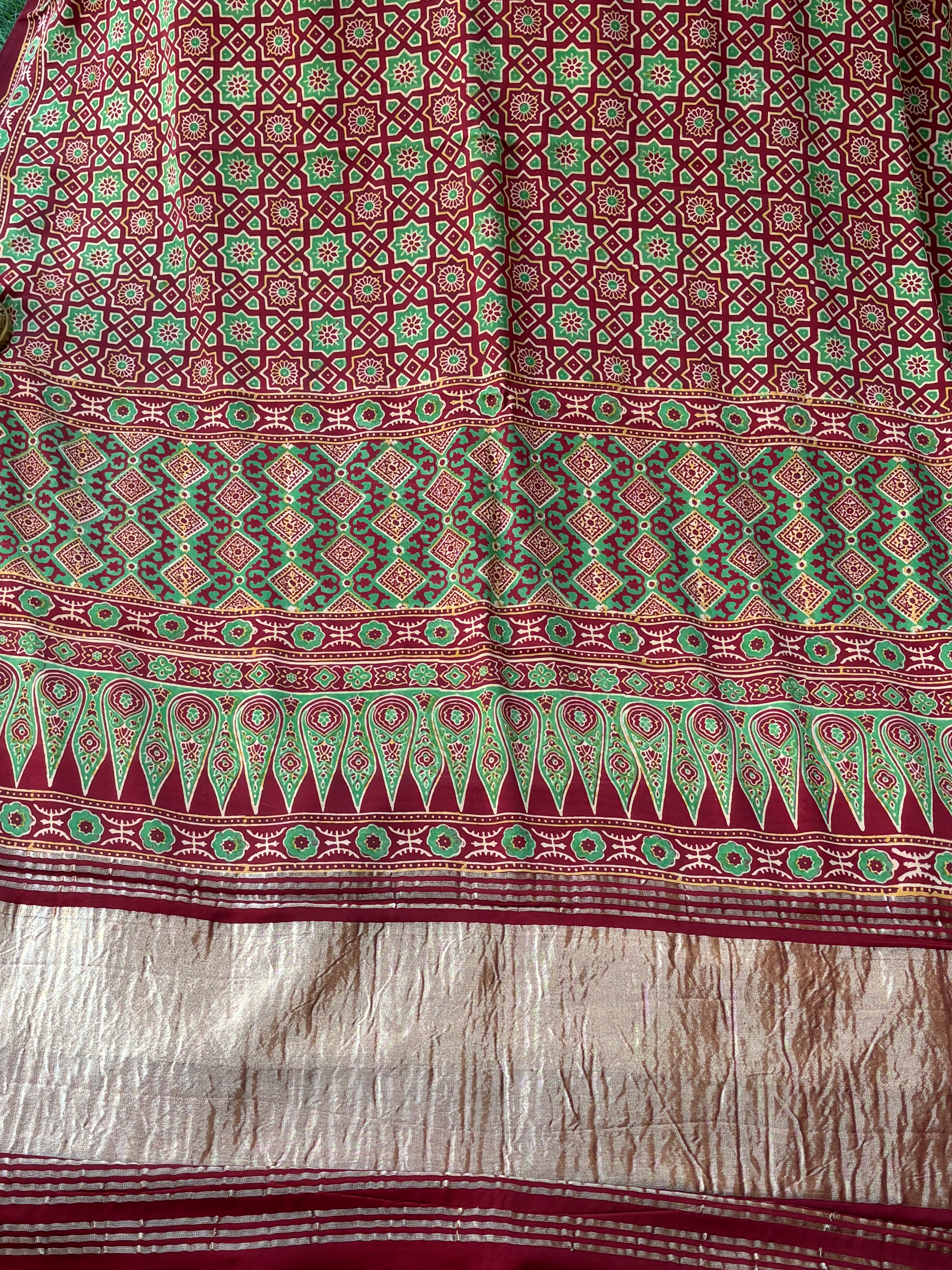 Maroon saree Pure Modal Silk Ajrak Hand Block Printed Saree with Lugdi Patta in Red & yellow