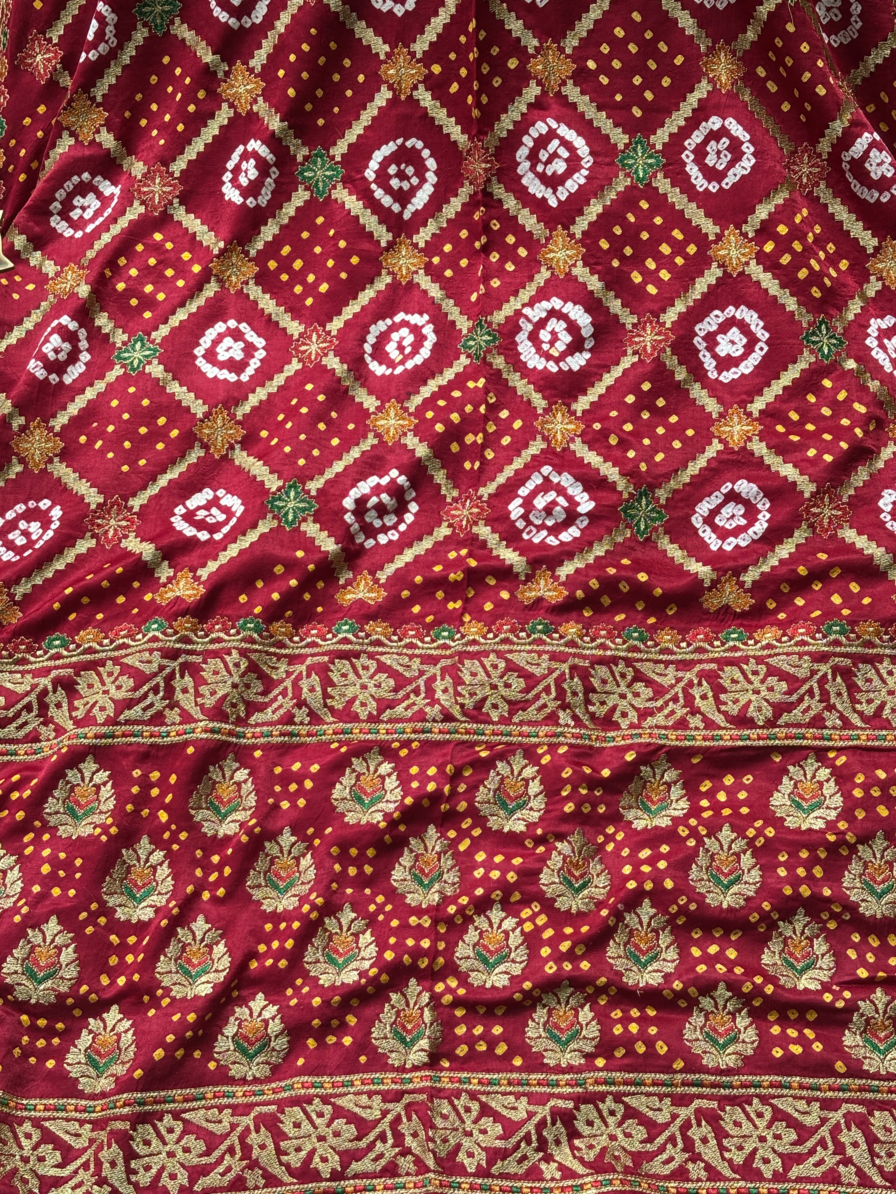 Blood Red Gajji Silk Bandhej Saree with Zari Weaving | Chandrika Lifestyles