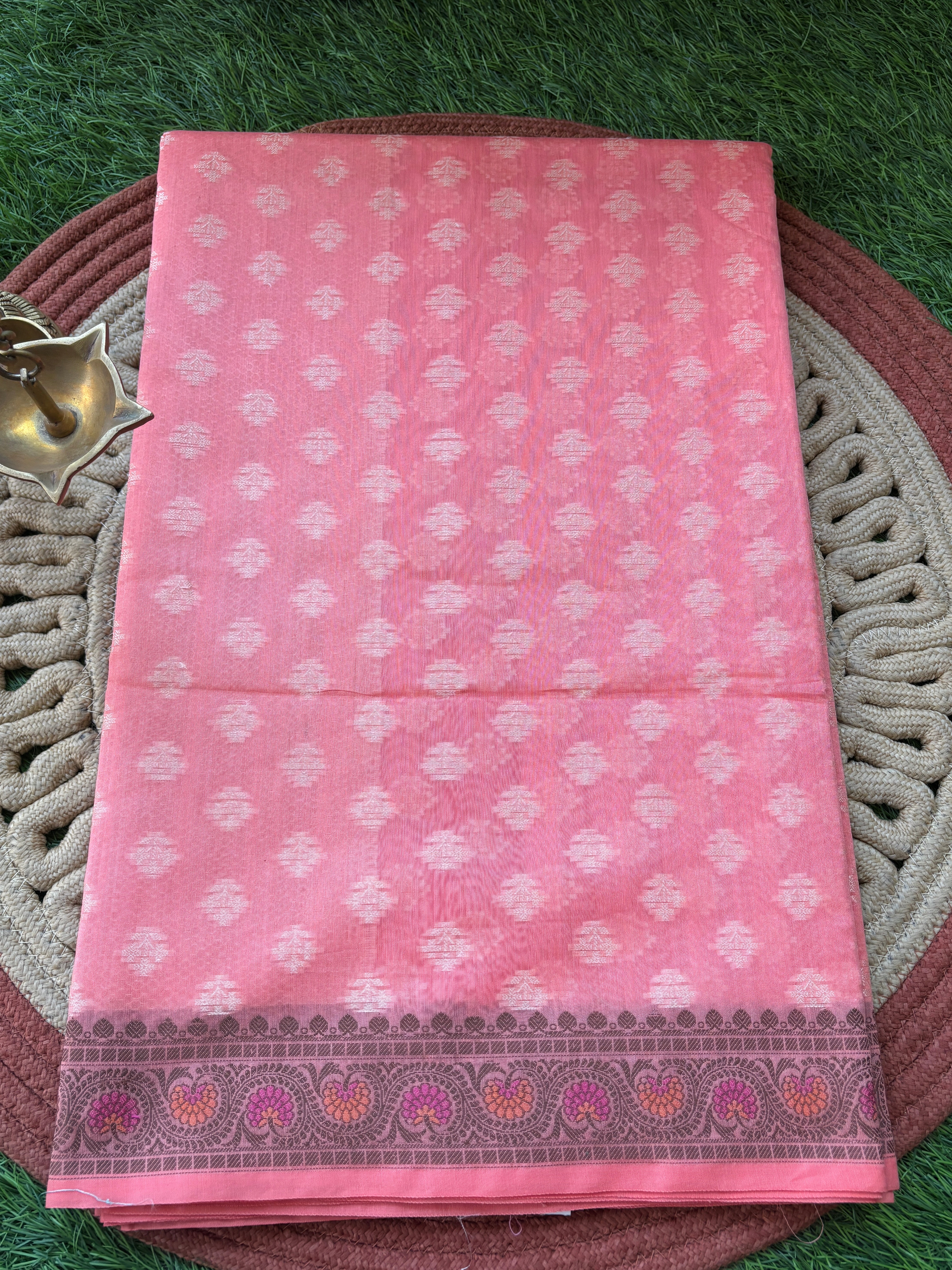 Peach Pink Banarasi Mercerised Cotton Saree with All-Over Weaving