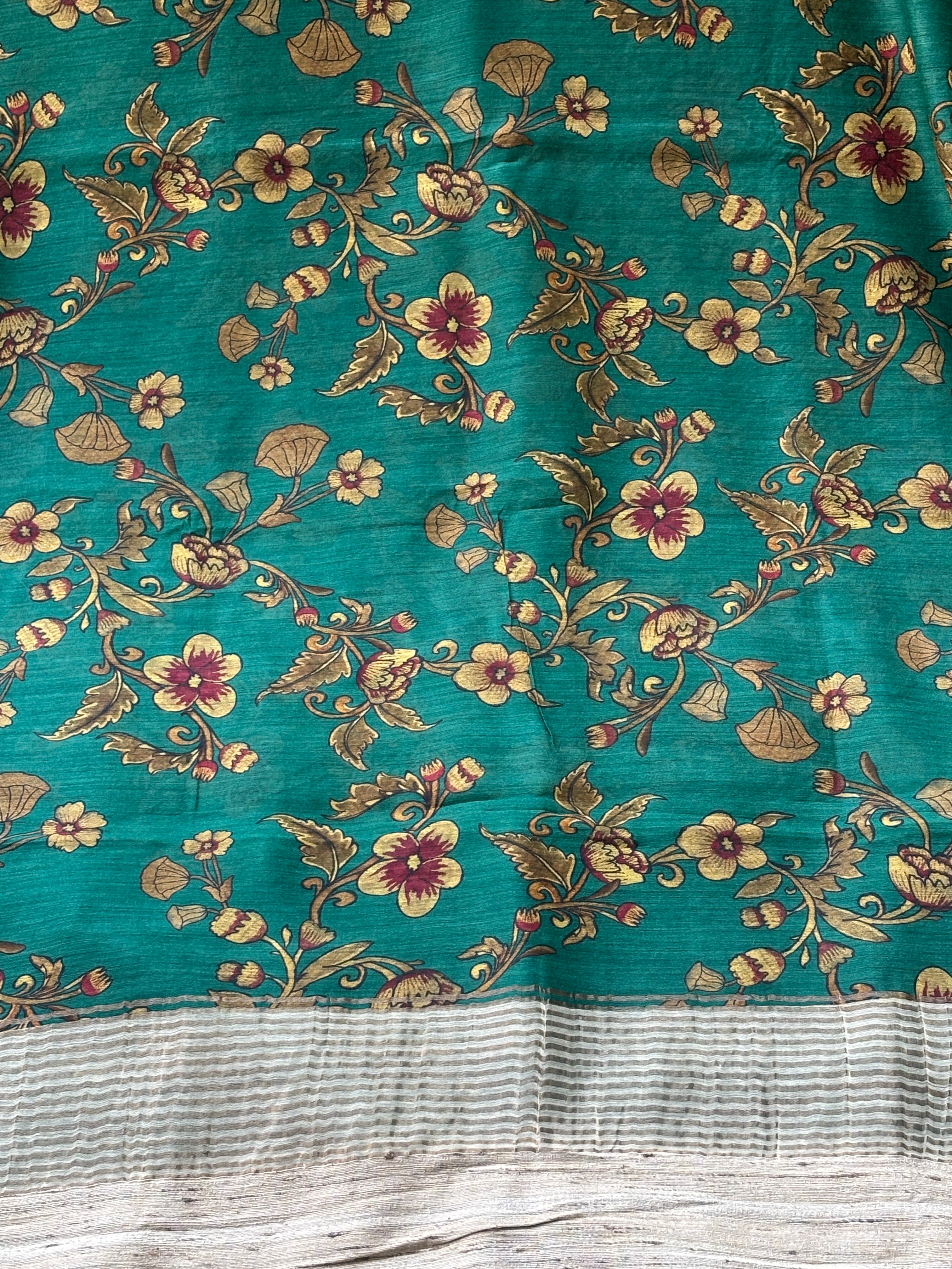 Teal Blue Munga Silk Saree with Allover Digital Print | Chandrika Lifestyles