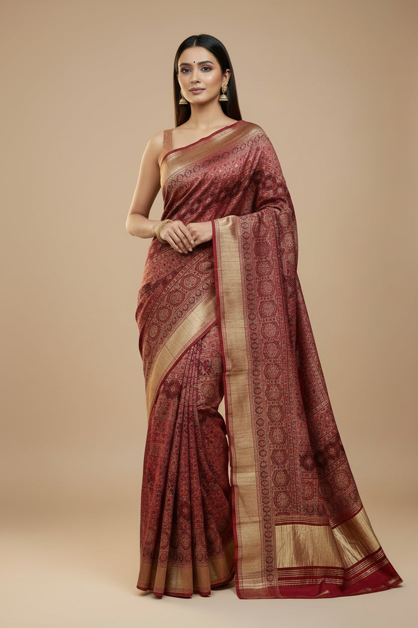 Woman draped in red pure modal silk Ajrak digital printed saree with zari lugdi patta pallu by Chandrika Lifestyles