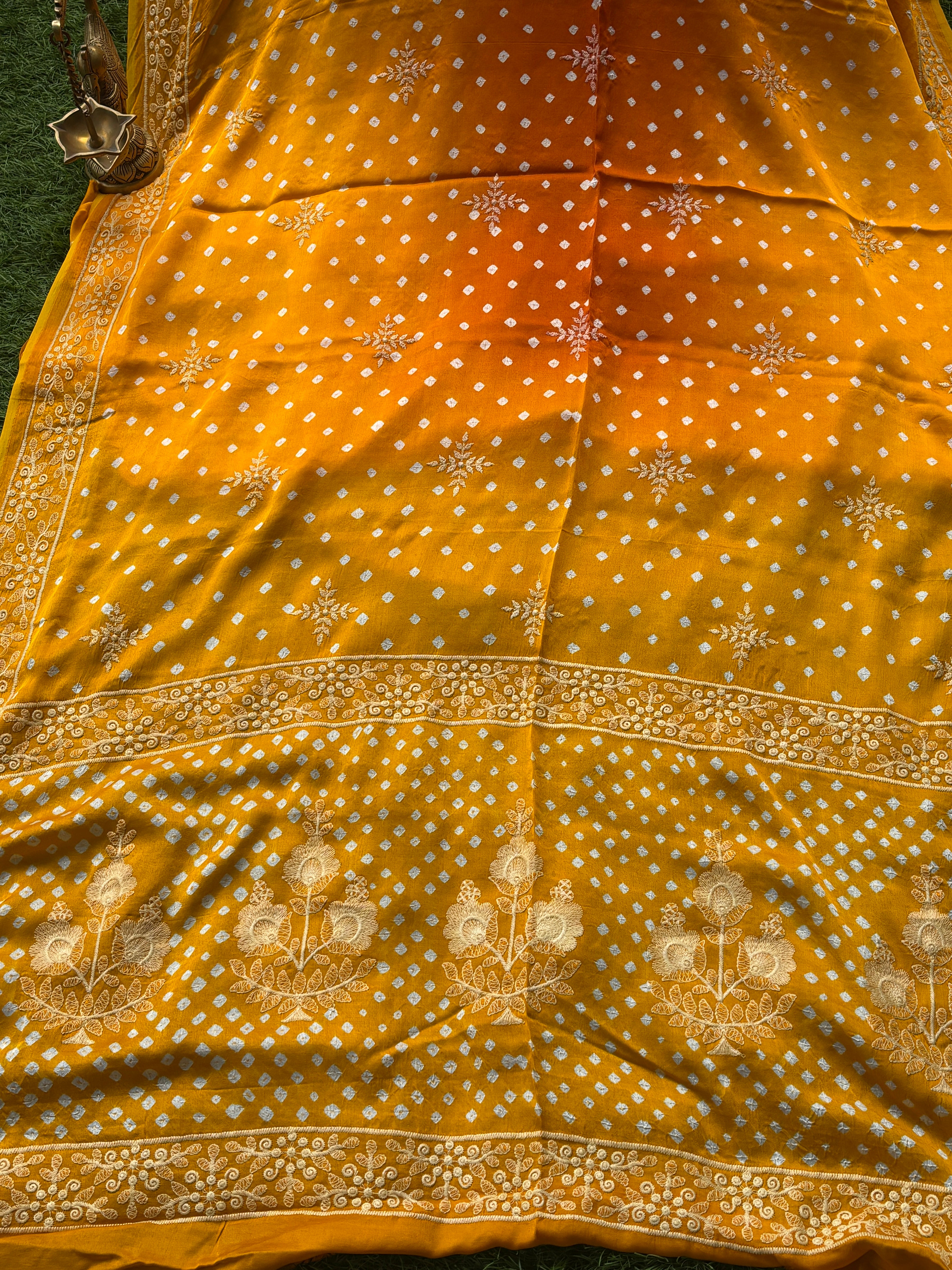 Mango Yellow Modal Silk Bandhej Saree | Chandrika Lifestyles
