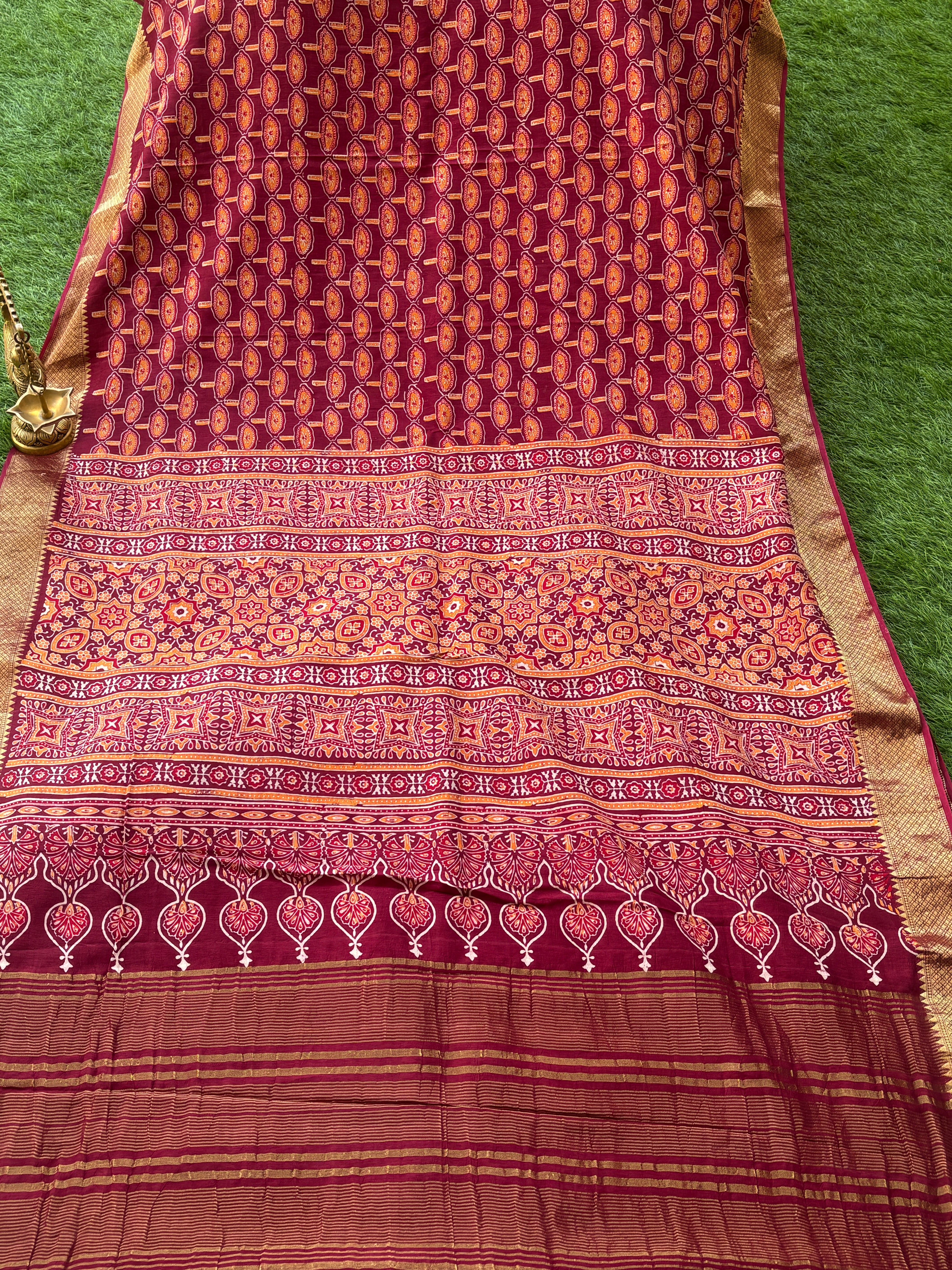 Maroon Ajrak Handblock Printed Cotton Saree with Zari Border | Chandrika Lifestyles