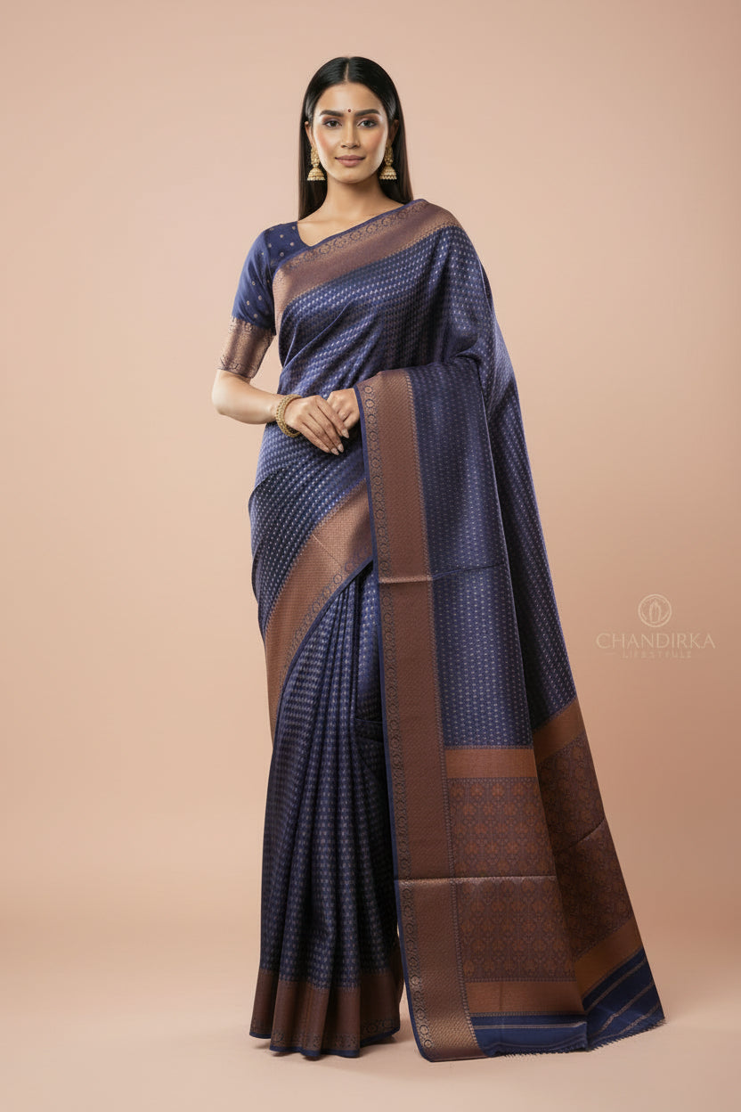Model wearing navy blue Banarasi dupion silk saree styled for wedding reception
