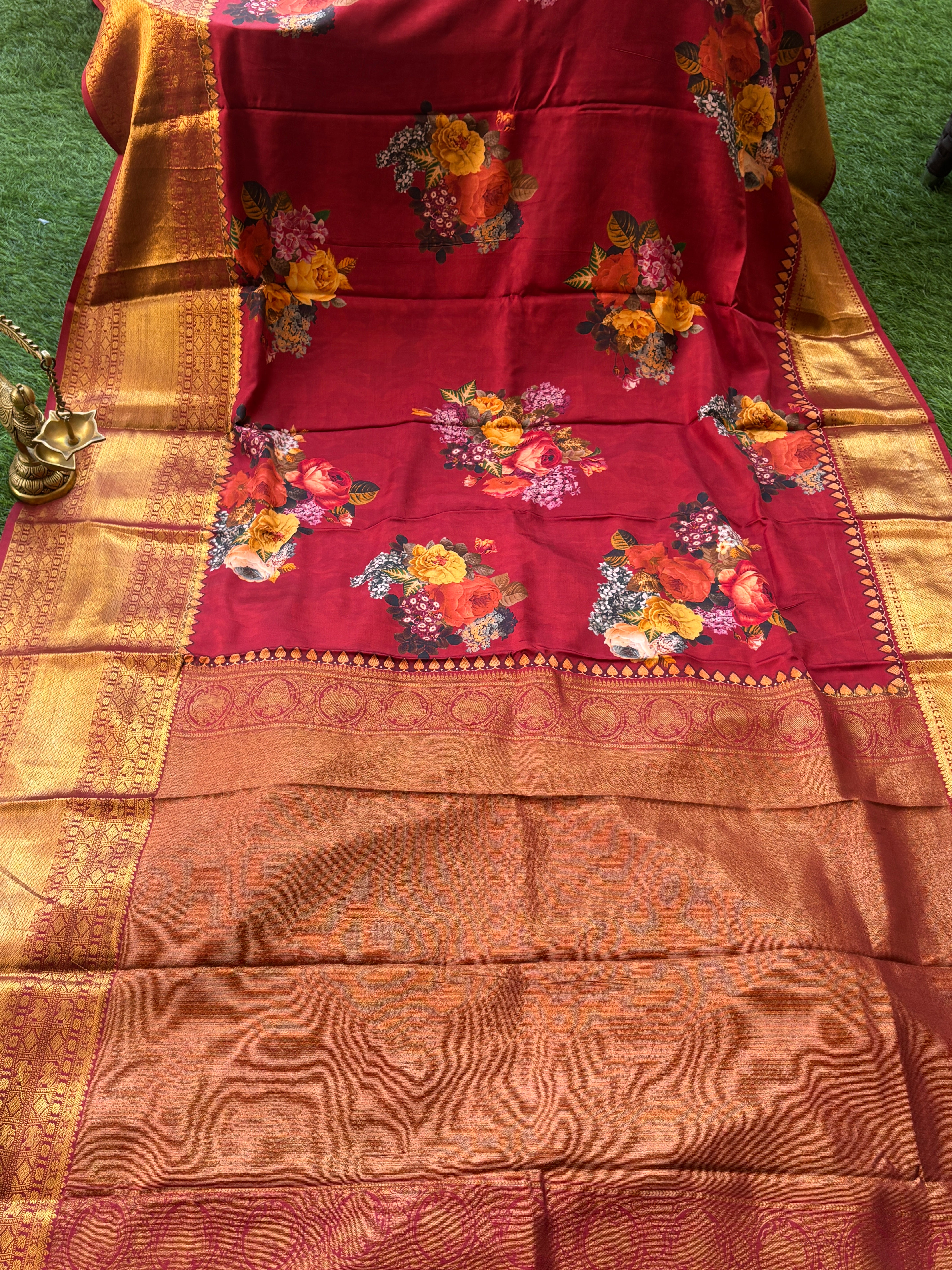 Maroon Red Pure Silk Digital Floral Printed Saree with Dharmavaram Woven Zari Border and Pallu