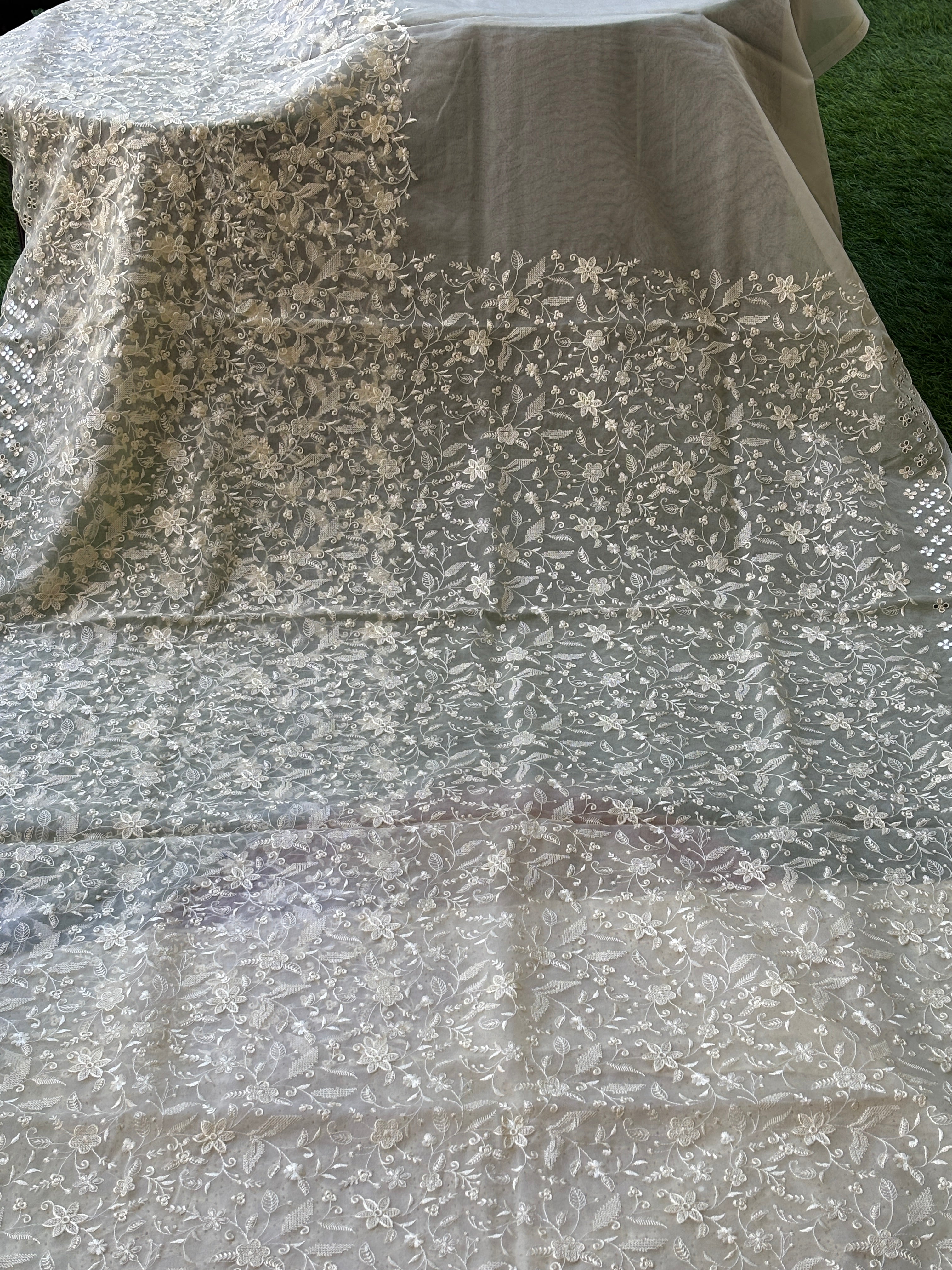 Off White Pure Organza Saree with Allover Thread Embroidery & Cutwork | Chandrika Lifestyles