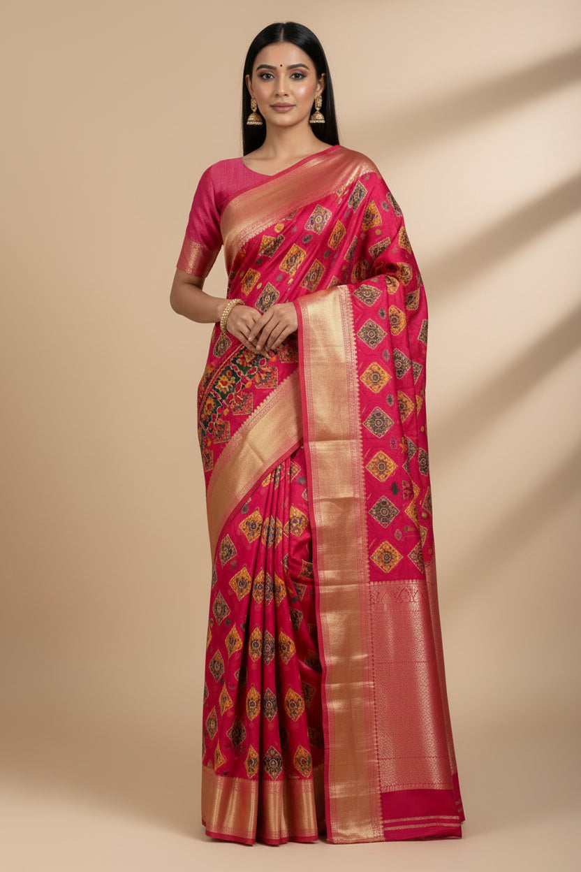 Red Pink Patola Satin Saree with Allover Patola Print & Zari Pallu | Chandrika Lifestyles