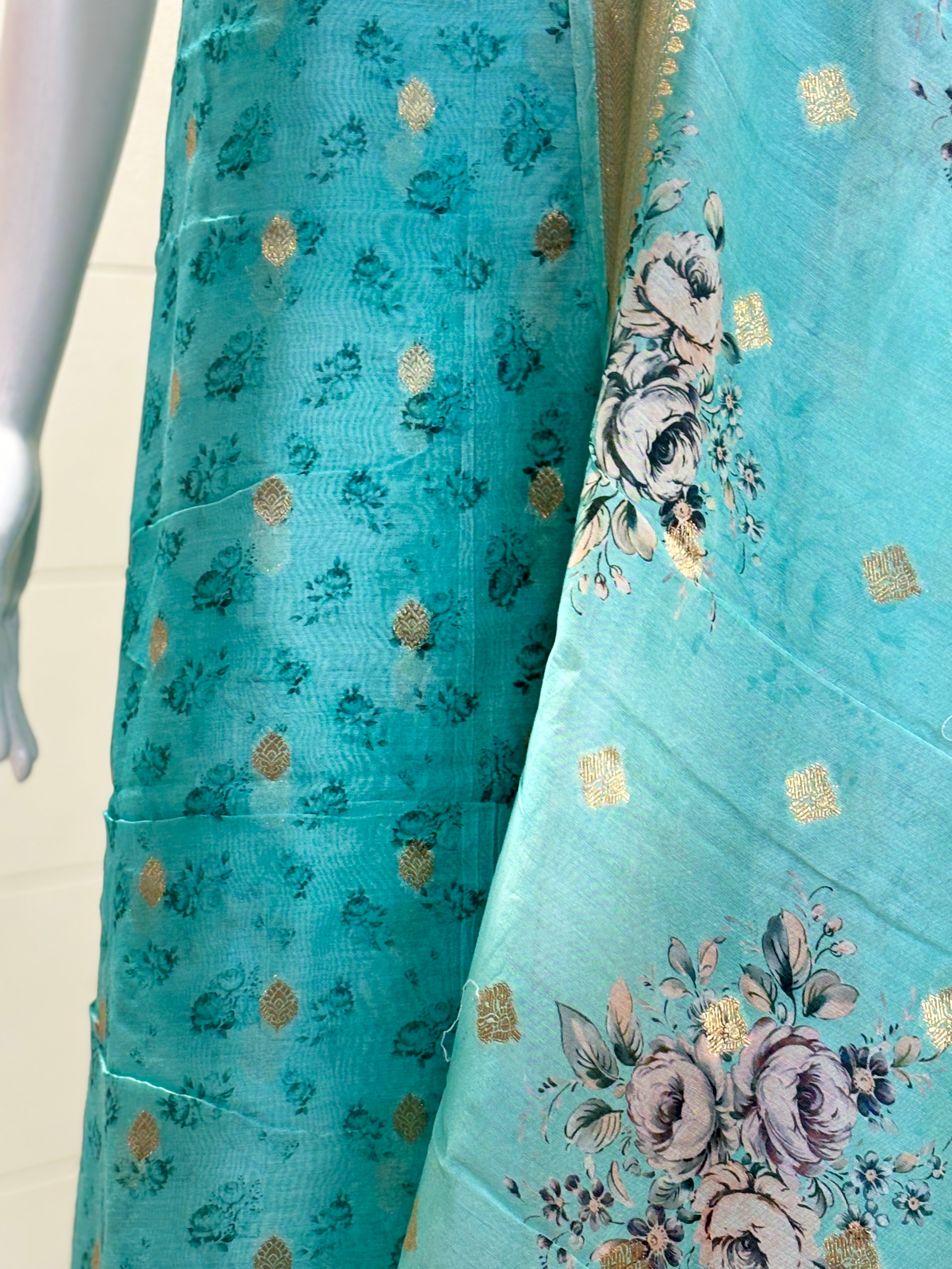 Sea Blue Banarasi Silk Suit Material with Floral Embroidery & Golden Border
