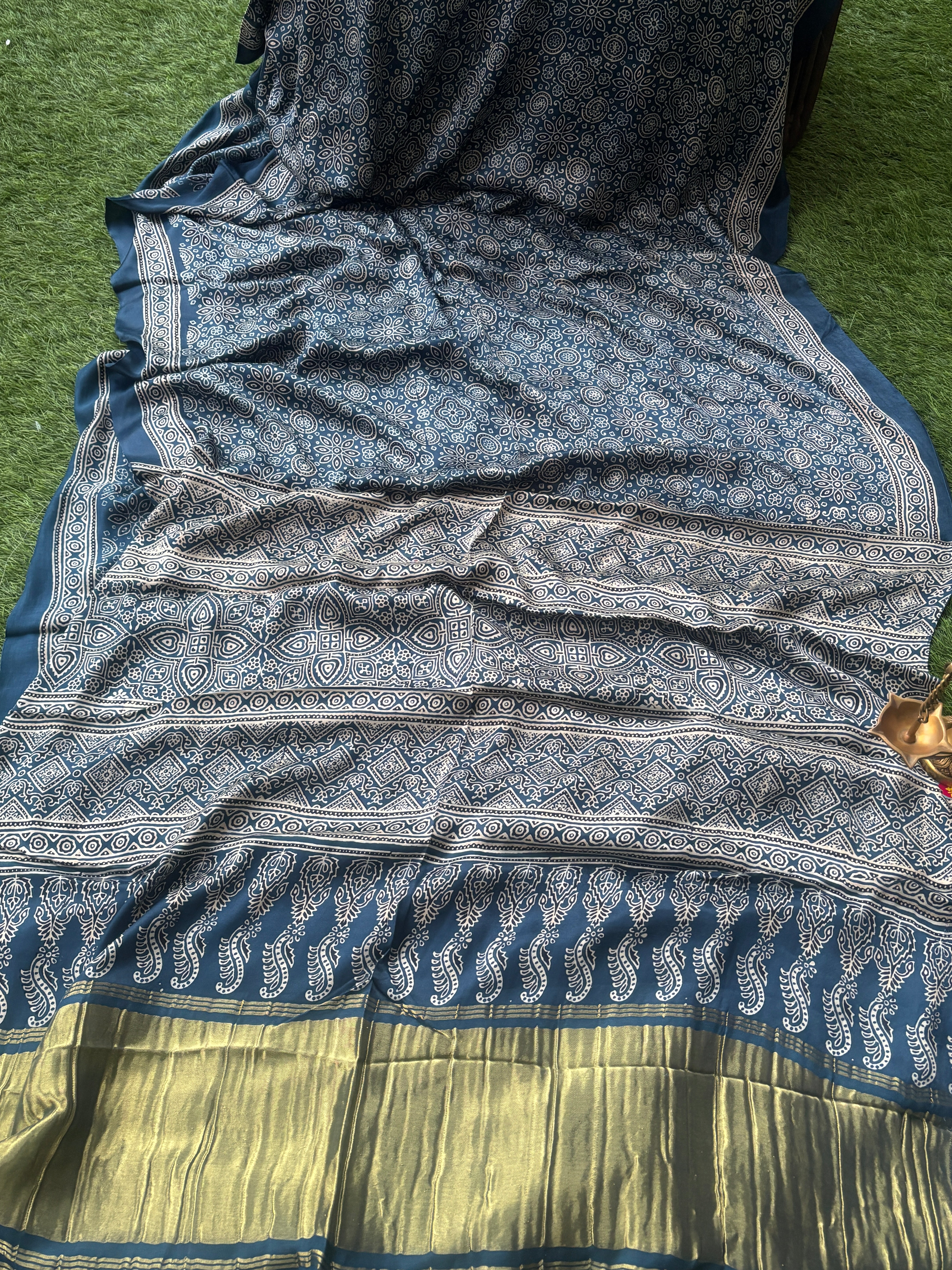 Navy Blue Pure Modal Silk Gharchola Saree with Golden Floral Buttis and Zari Woven Pallu