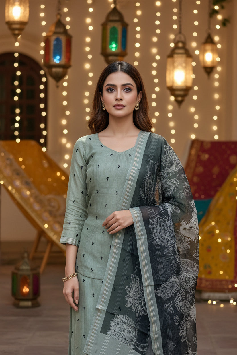 English Tone Organza Suit Material with Digital Floral Print & Black Contrast Dupatta – Smoky Rose Mist