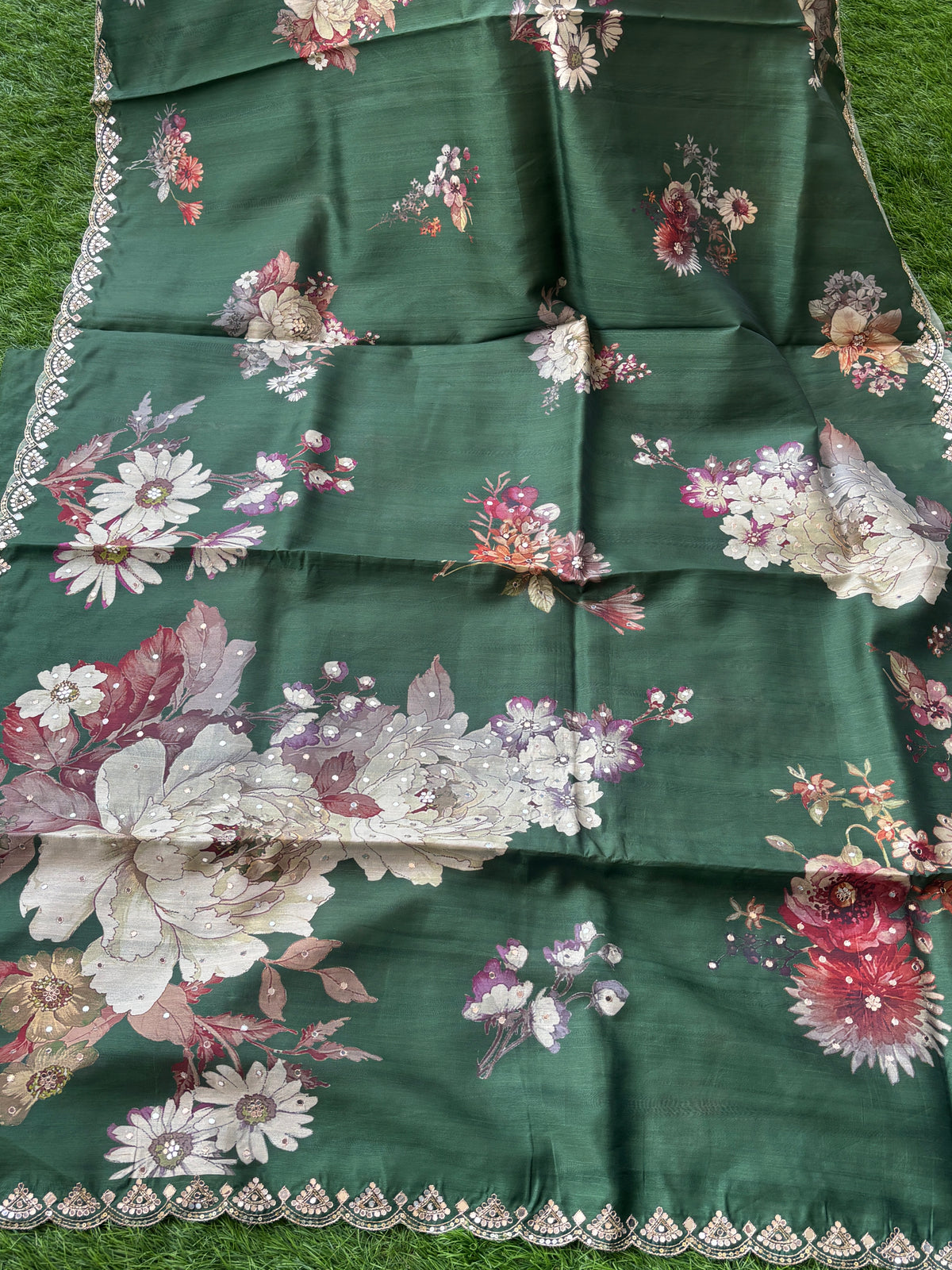 Elegant Bottle Green Pure Tusser Silk Saree with Digital Floral Print & Mirror Work Border