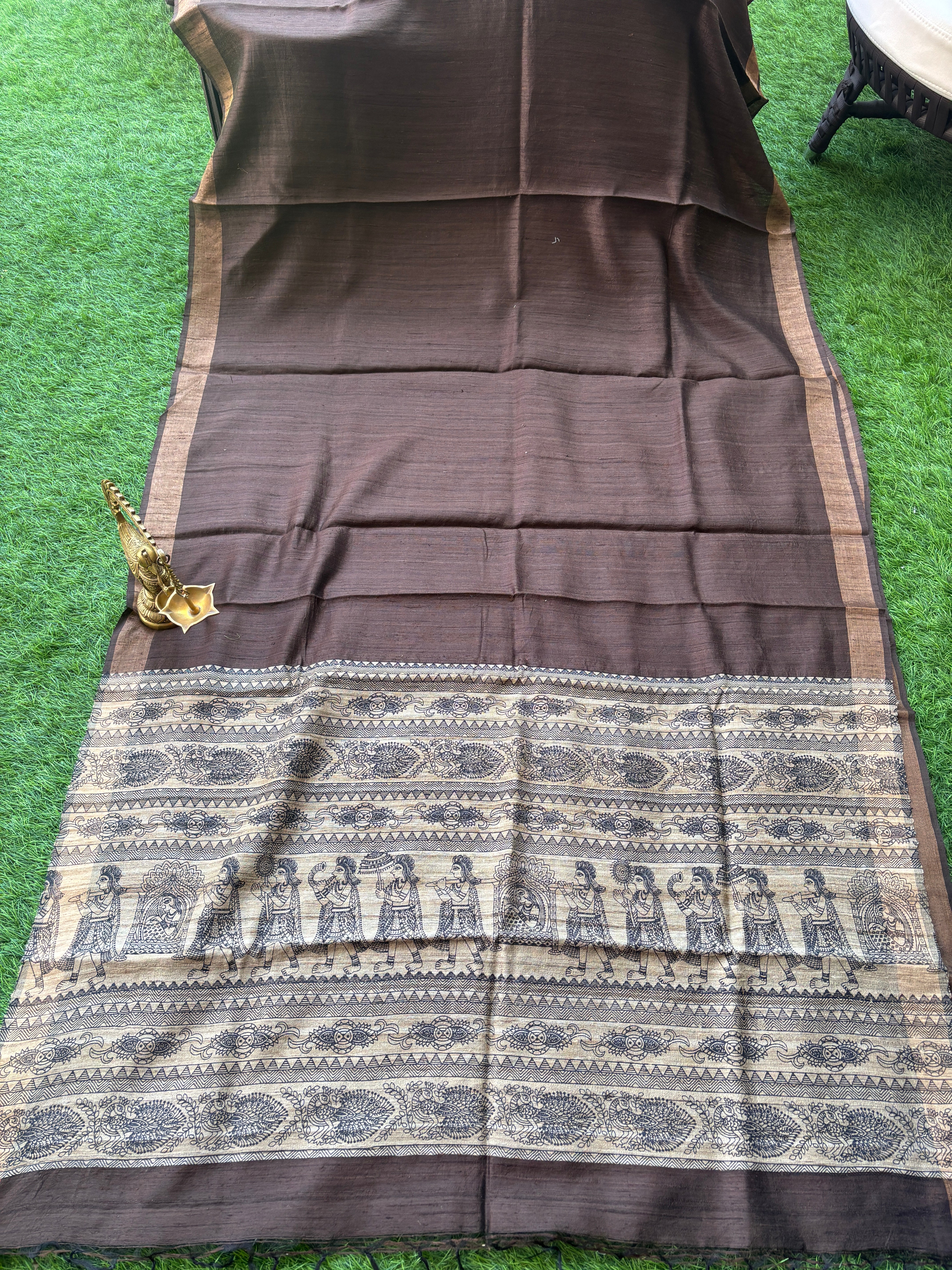 Madhubani Print Pallu on Pure Desi Tussar Silk Coffee Brown Saree with Zari Border