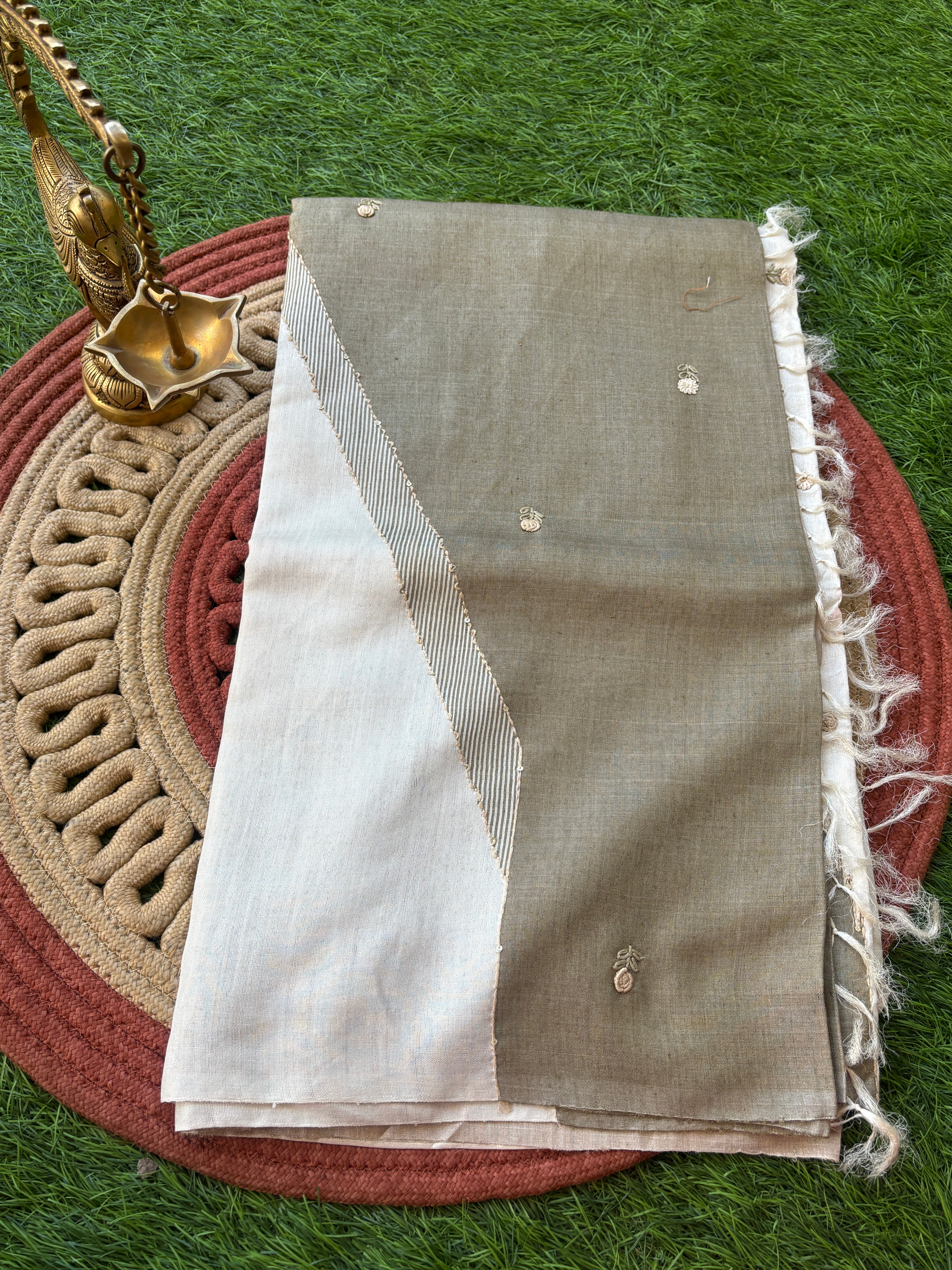 Beige & Brown Pure Tussar Silk Saree with Designer Hand Embroidery (Ghanta Taka) | Chandrika Lifestyles