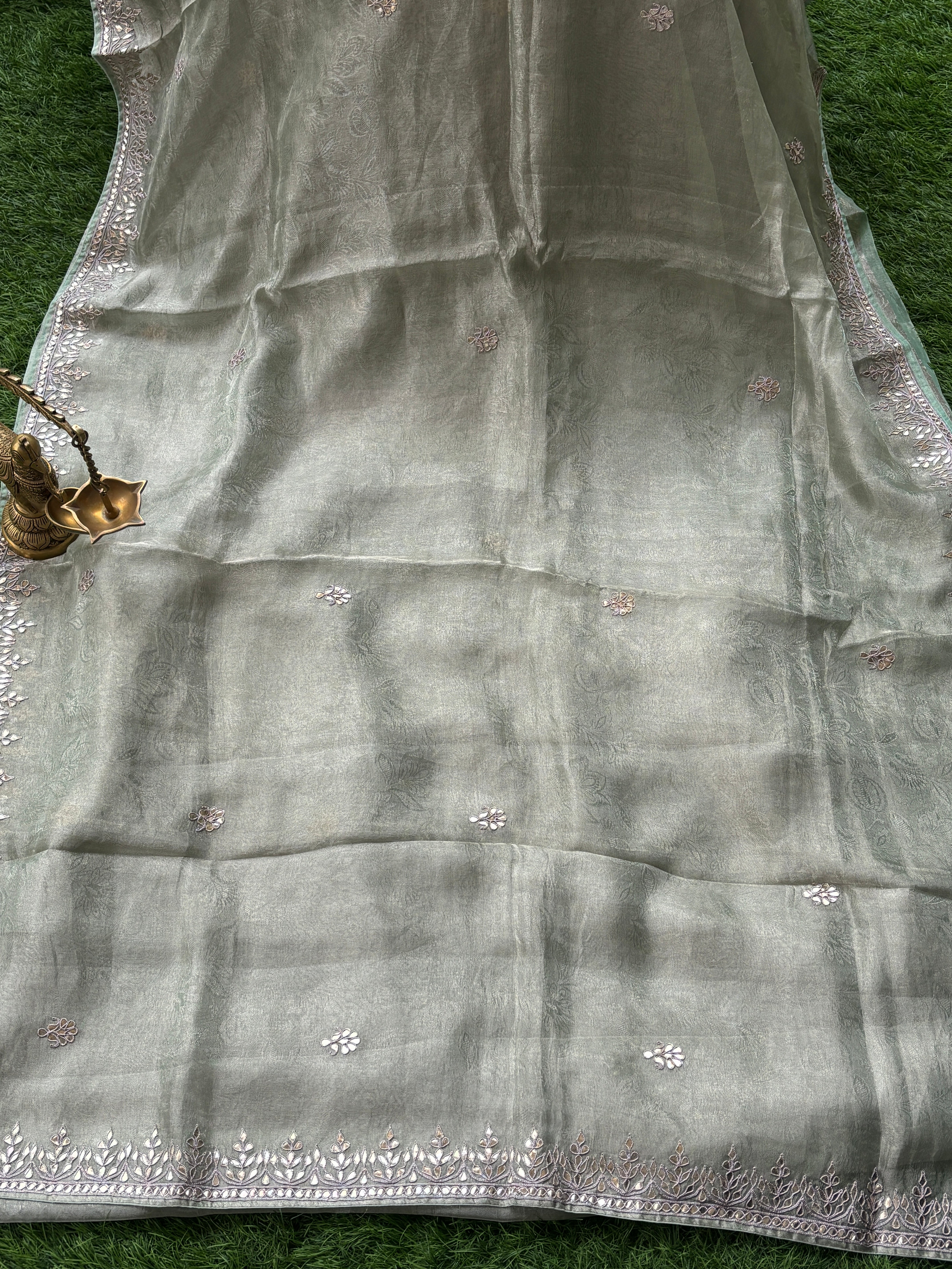 Elegant Pista Pure Tissue Silk Saree with Gota Buttas & Designer Gota Border
